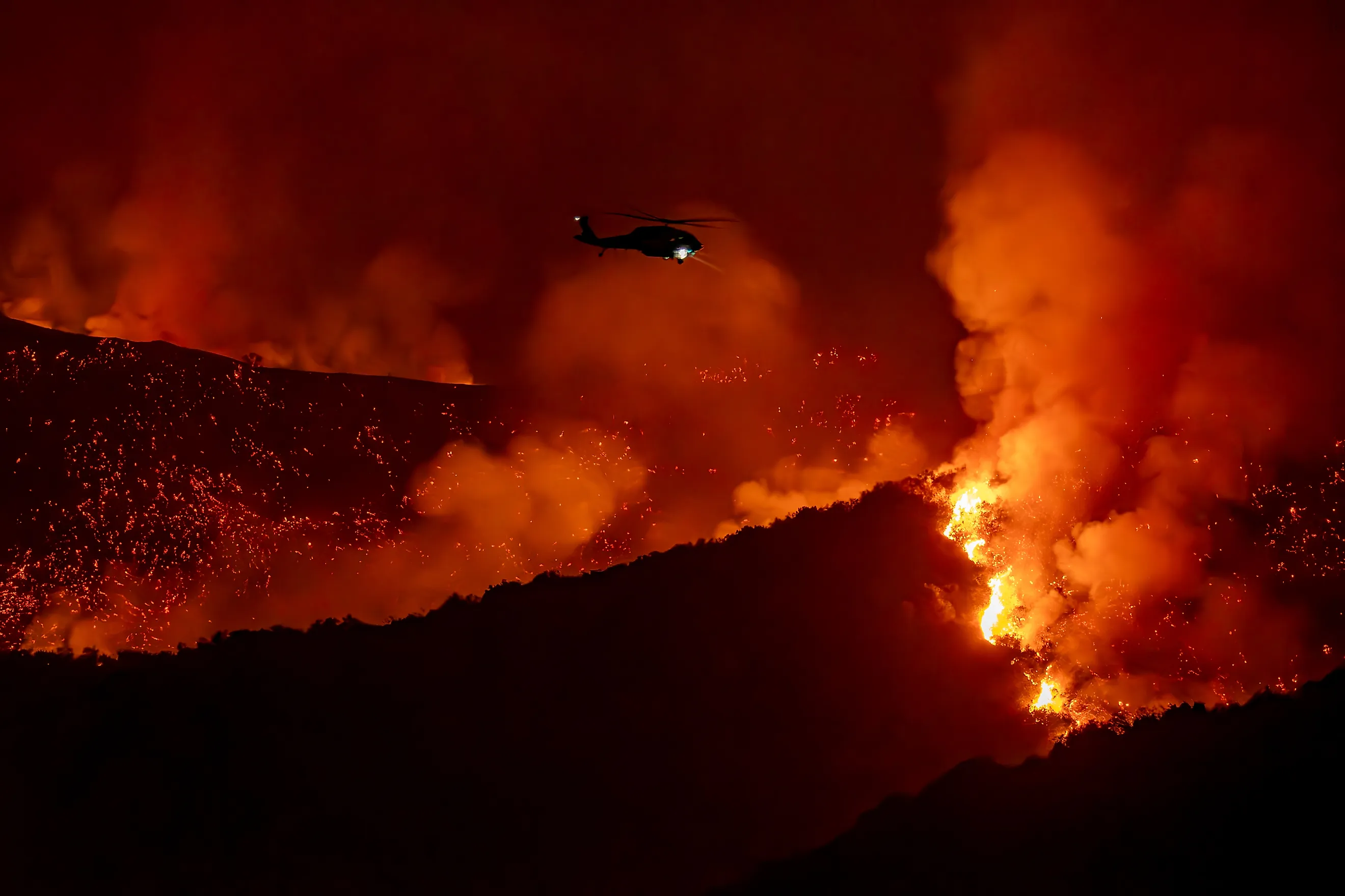 The Palisades Fire burns across the Santa Monica Mountains, in the Mandeville Canyon. 