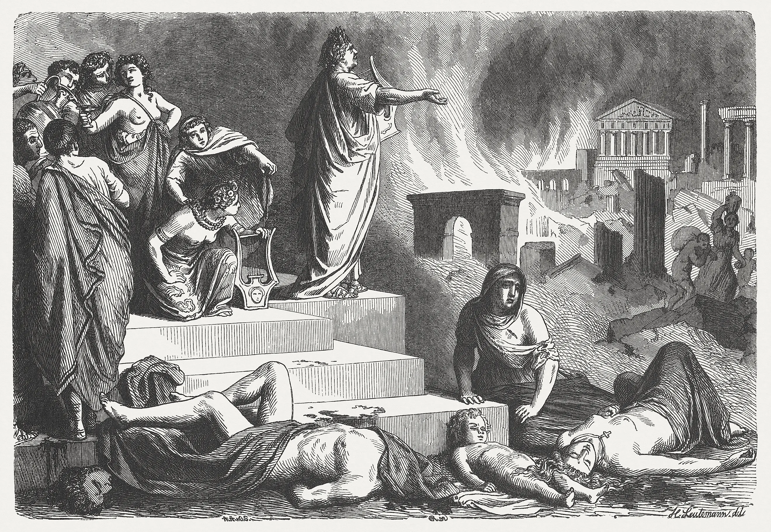 Nero looks at the burning Rome.