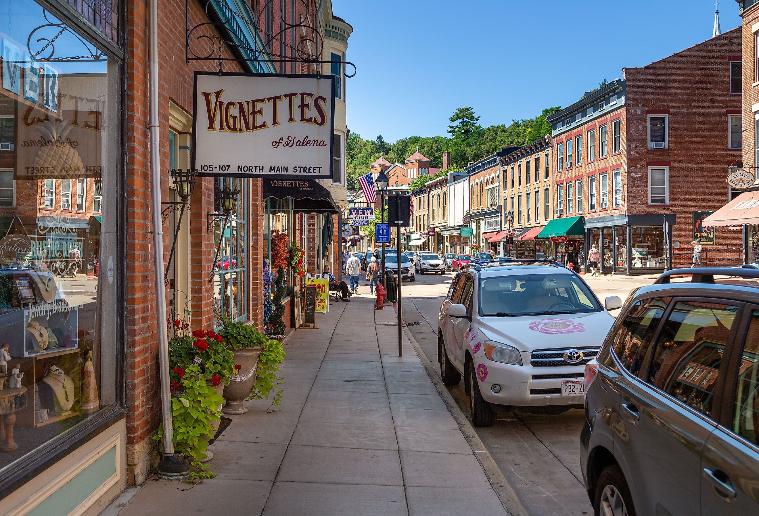 Quaint shops and historic brick buildings line the Main Street of Galena, Illinois. Image credit Wirestock Creators via Shutterstock