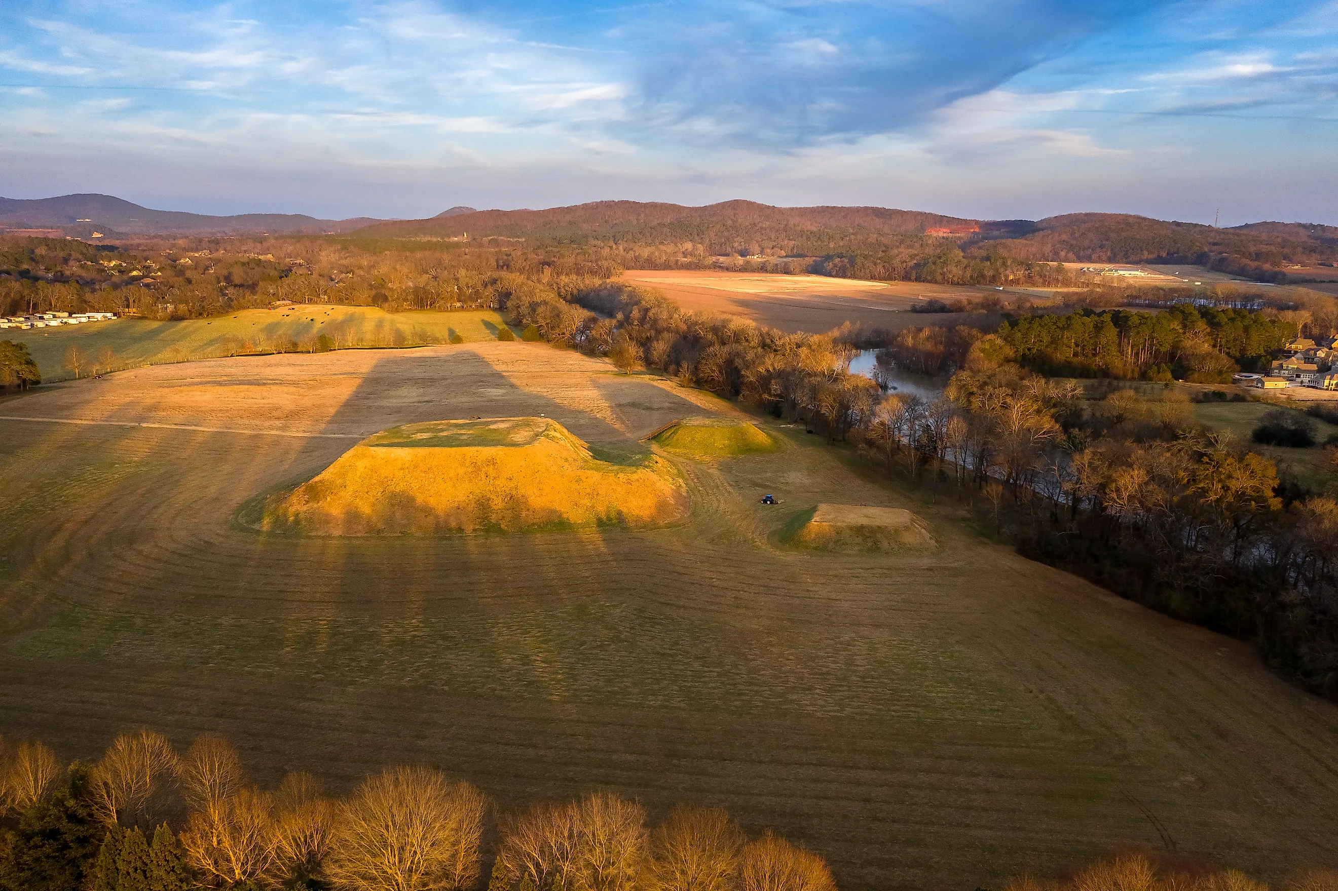 Aerial view of Etowah Indian Mounds Historic Site in Cartersville, Georgia.