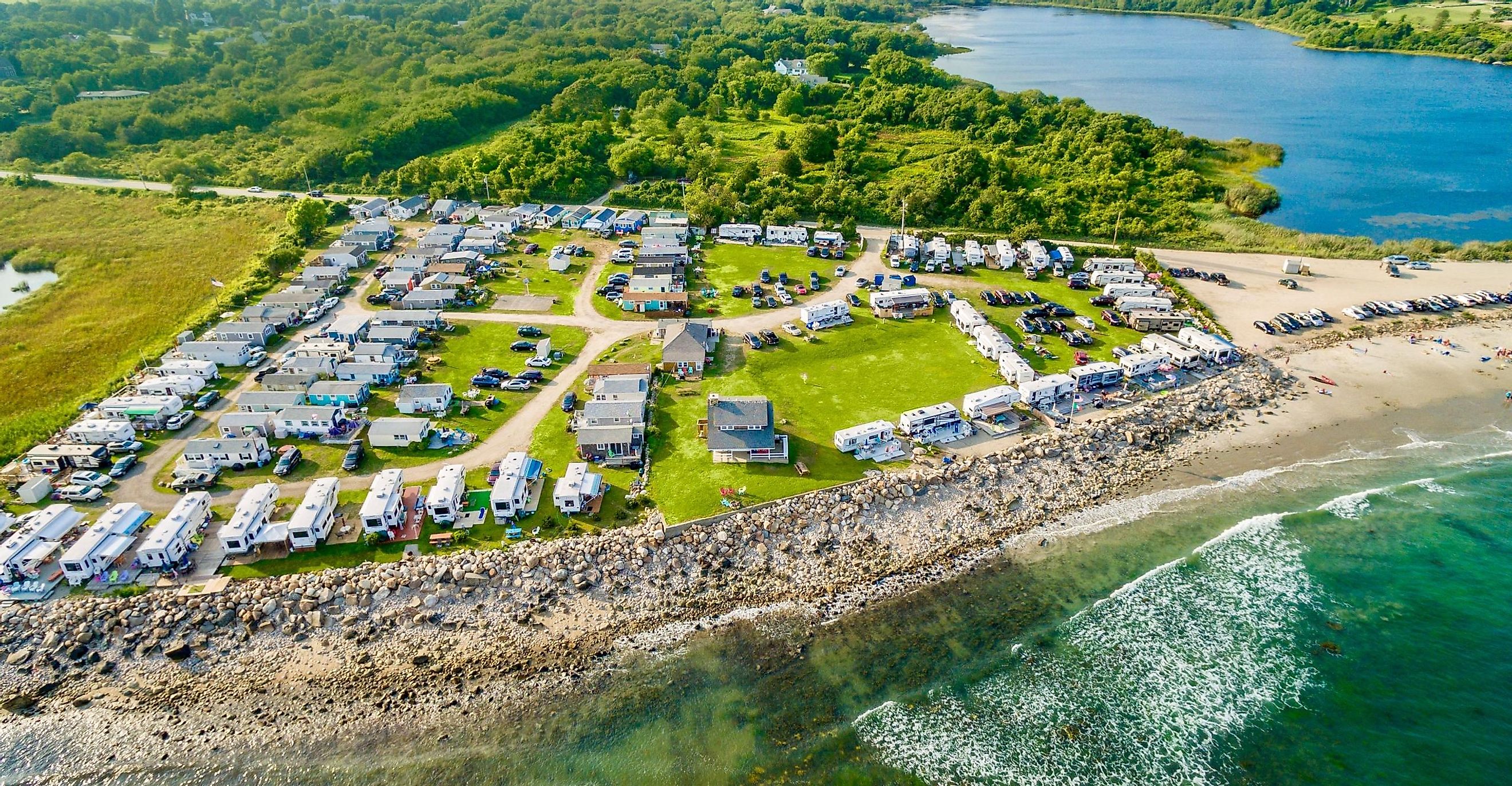 Aerial view of the beachfront campground in Little Compton, Rhode Island.