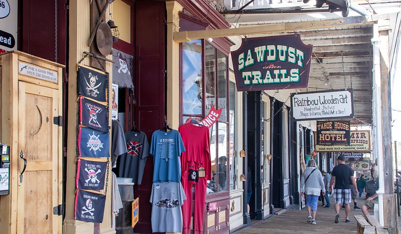 Shops on the street in old mining town Virginia City. Image credit Arne Beruldsen via Shutterstock.