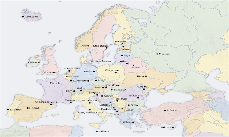 The capital cities of Europe.