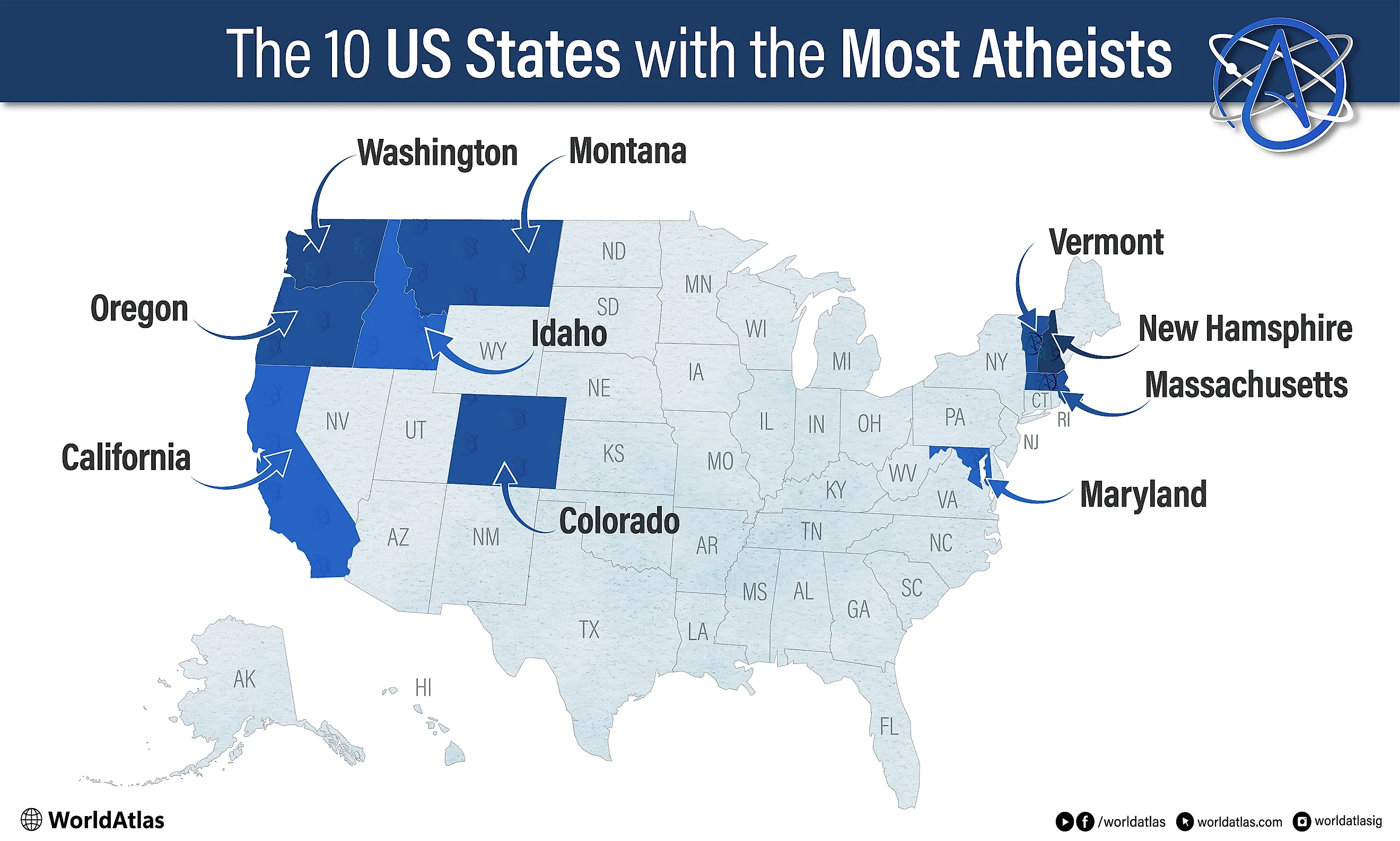 infographic of 10 US States With the Most Atheists