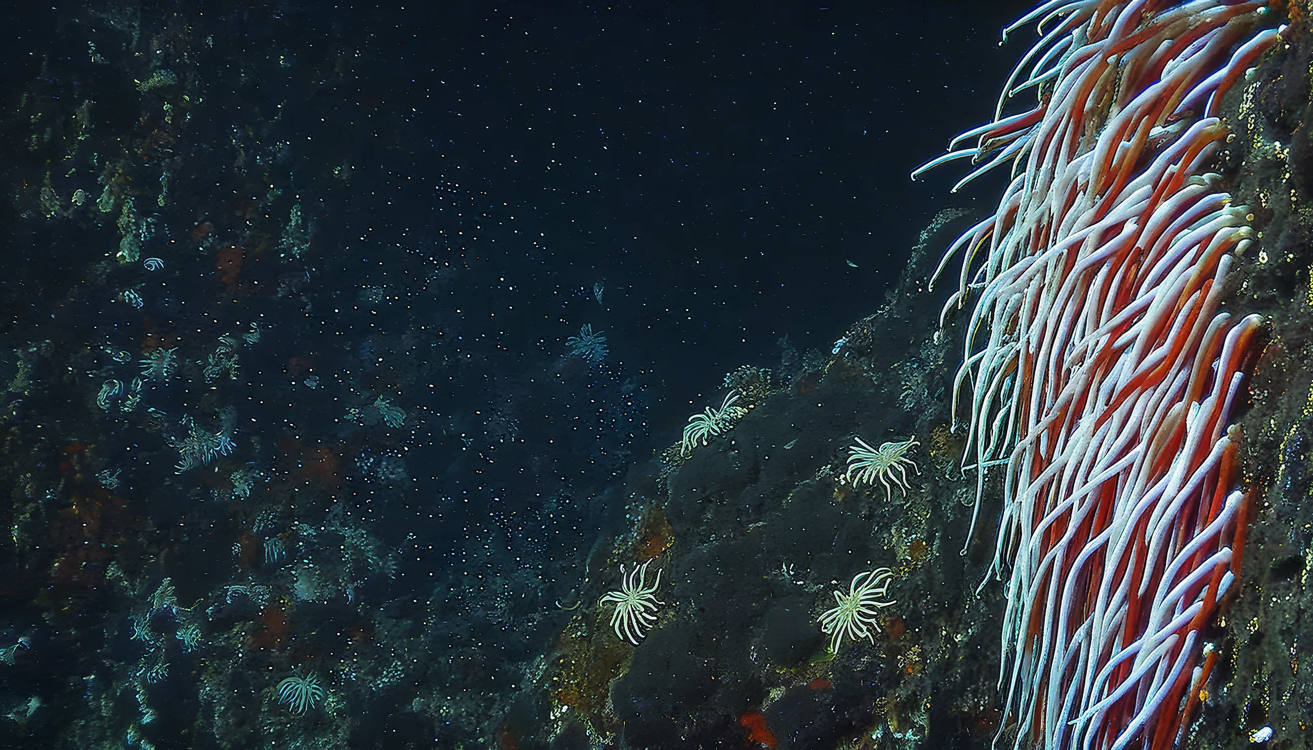 Giant Tube Worms Riftia pachyptila thriving at a deep-sea hydrothermal vent in the Mariana Trench. 