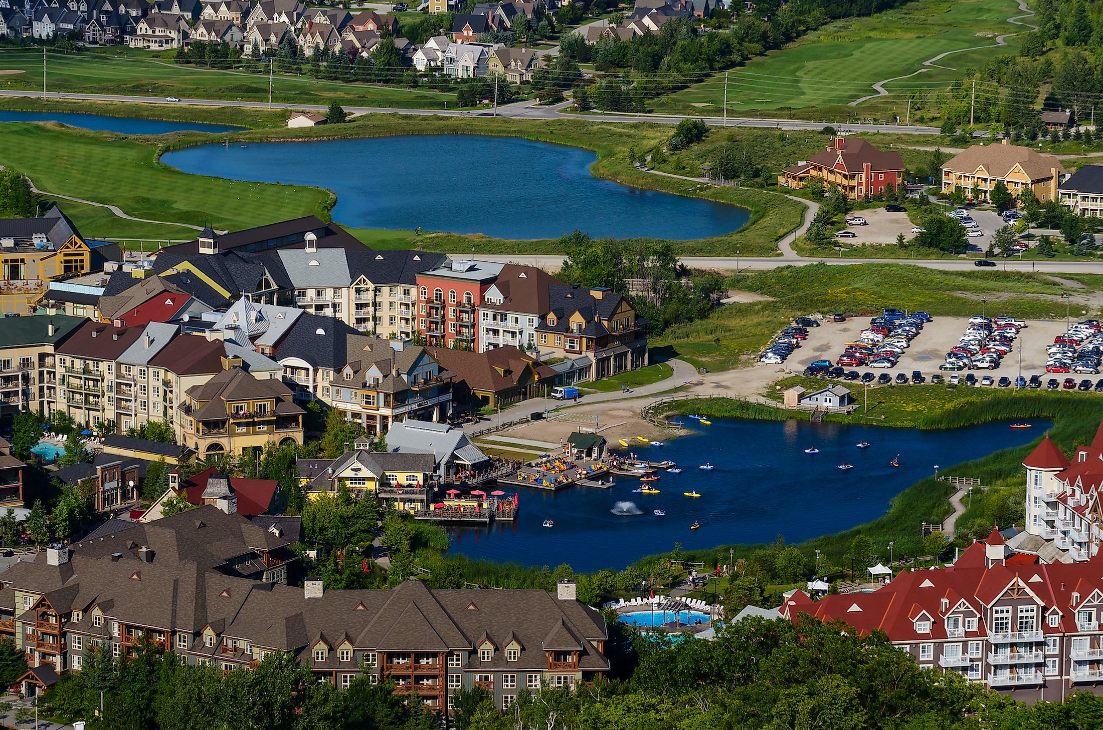 Resort buildings and ponds in Blue Mountain village in Collingwood, Ontario.