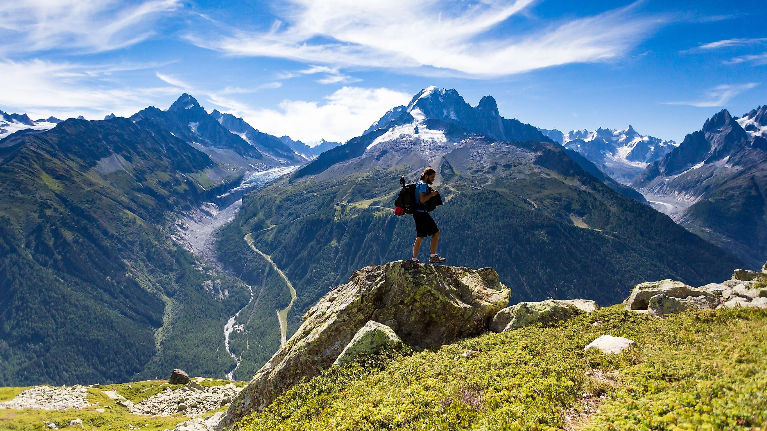 A hiker on the famous and gorgeous Tour du Mont Blanc hiking trail.