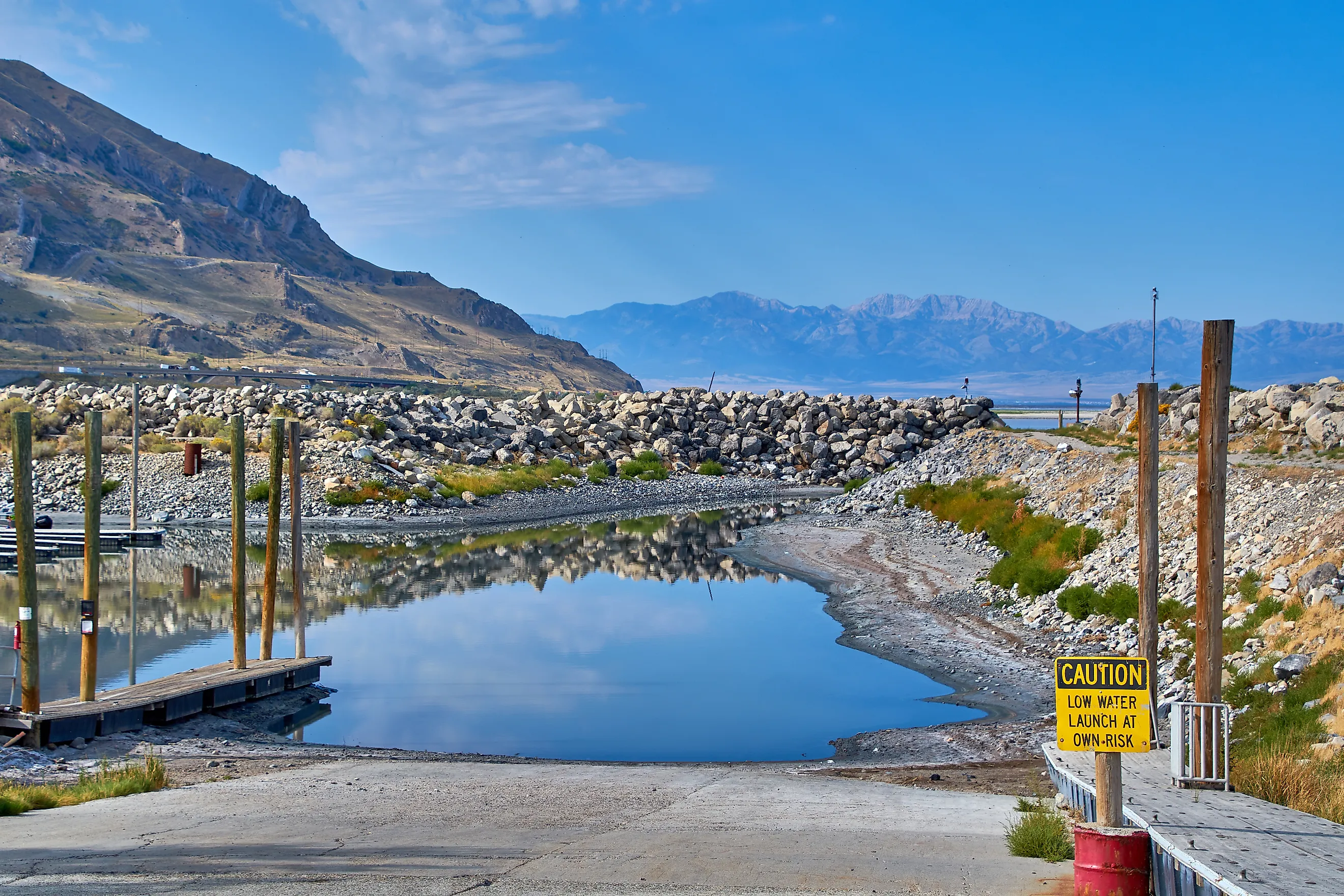 A boat ramp rendered unusable due to receding water levels caused by climate change at Great Salt Lake State Park, Utah