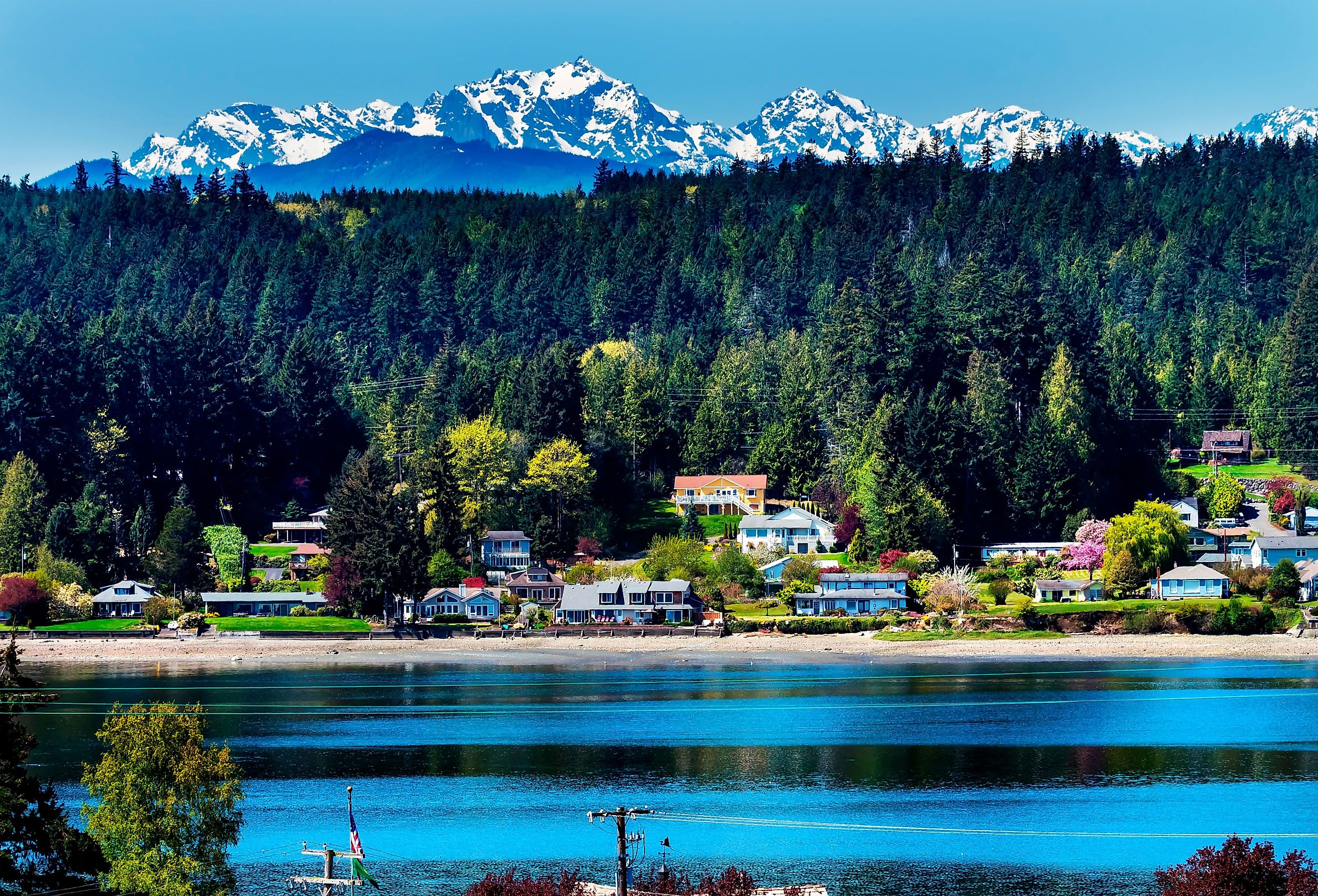 Poulsbo Bainbridge Island Puget Sound Snow Mountains Olympic National Park, Washington.