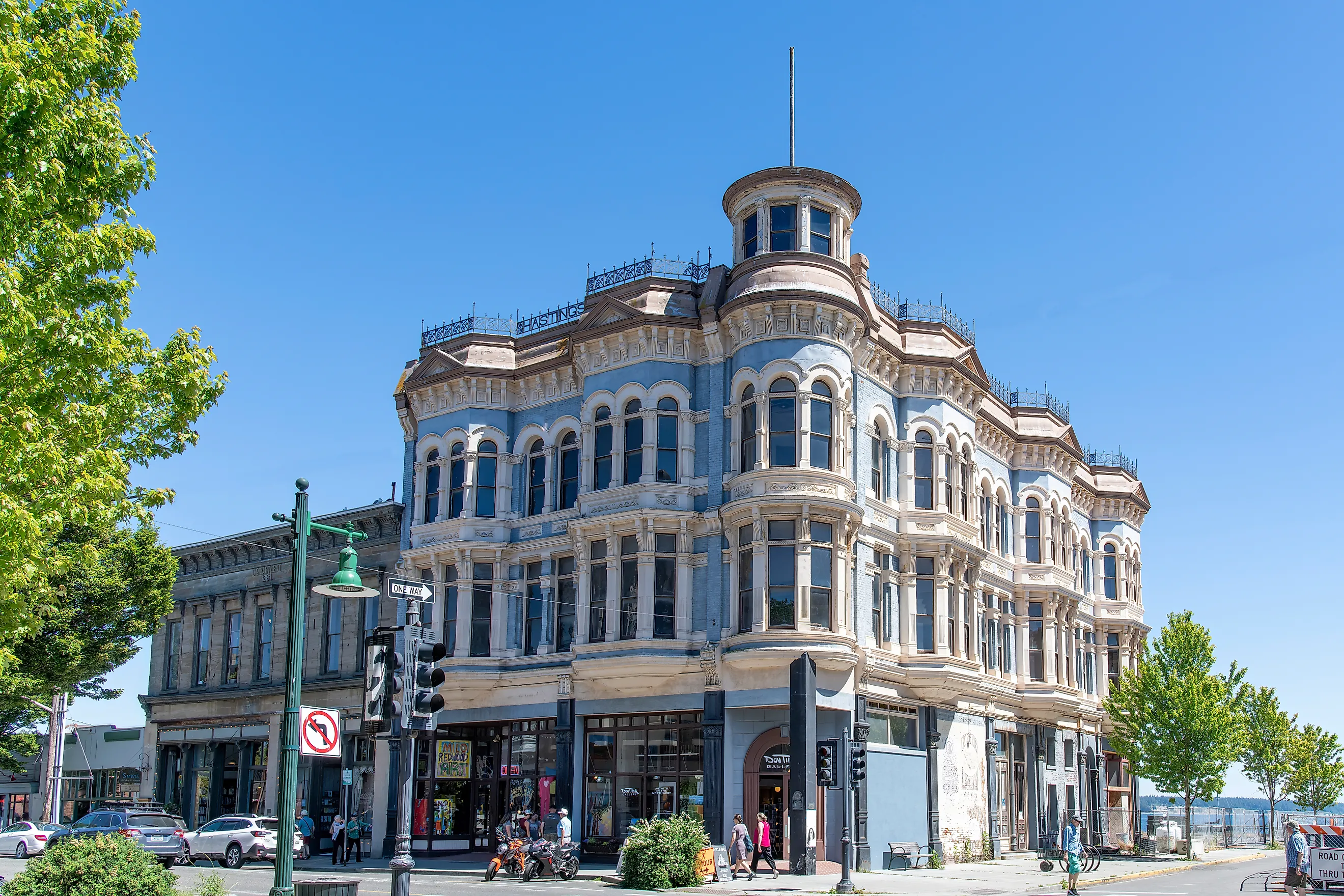  View of the historic Victorian architecture Hastings Building built in 1890 for Lucinda and Loren Brown Hastings with unique features in Port Townsend, Washington