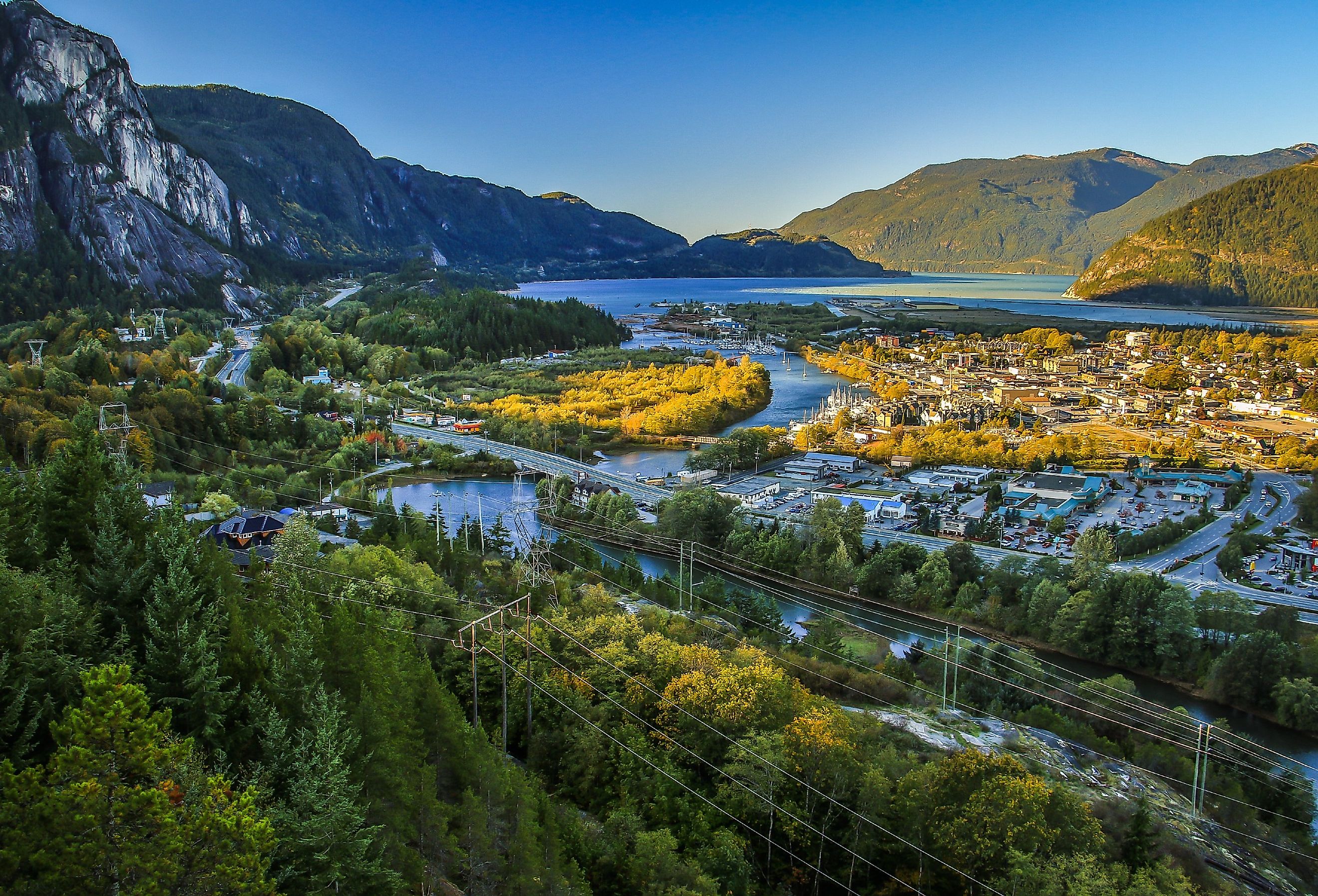 Towering mountains over the small town of Squamish, British Columbia.