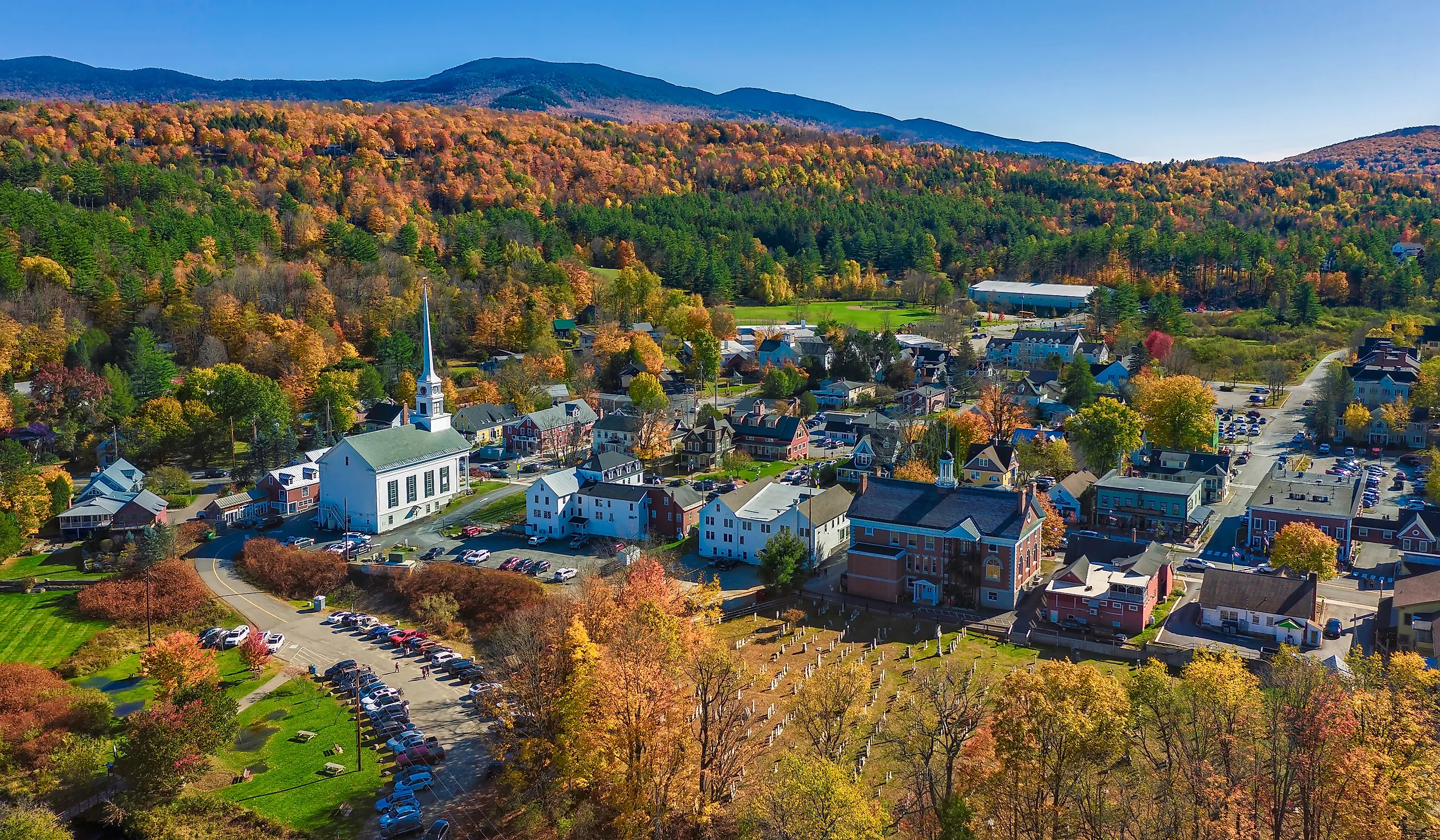 Overlooking Stowe, Vermont, with mountains and colorful fall trees.