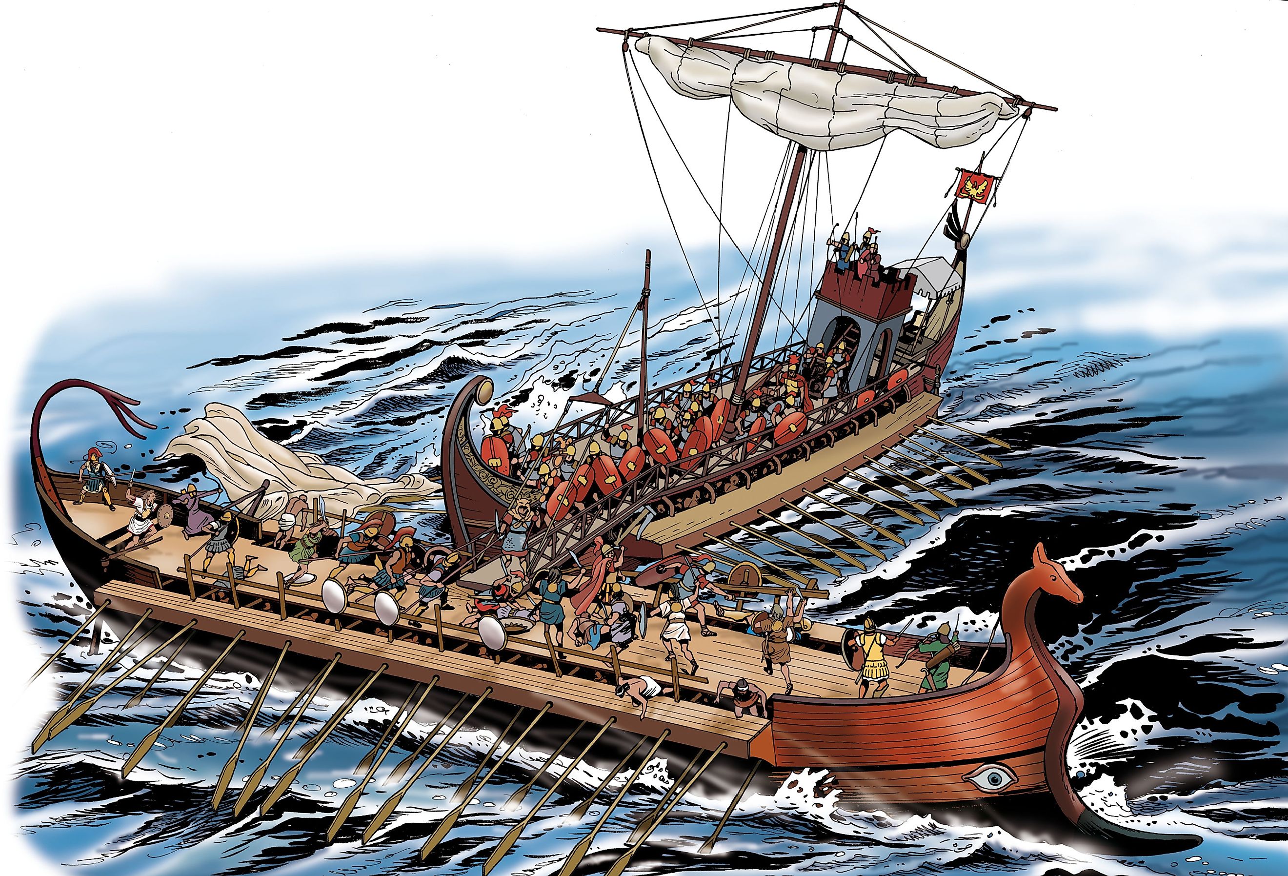Illustration of Ancient Rome with Roman ship crow ramming Carthaginian ship.