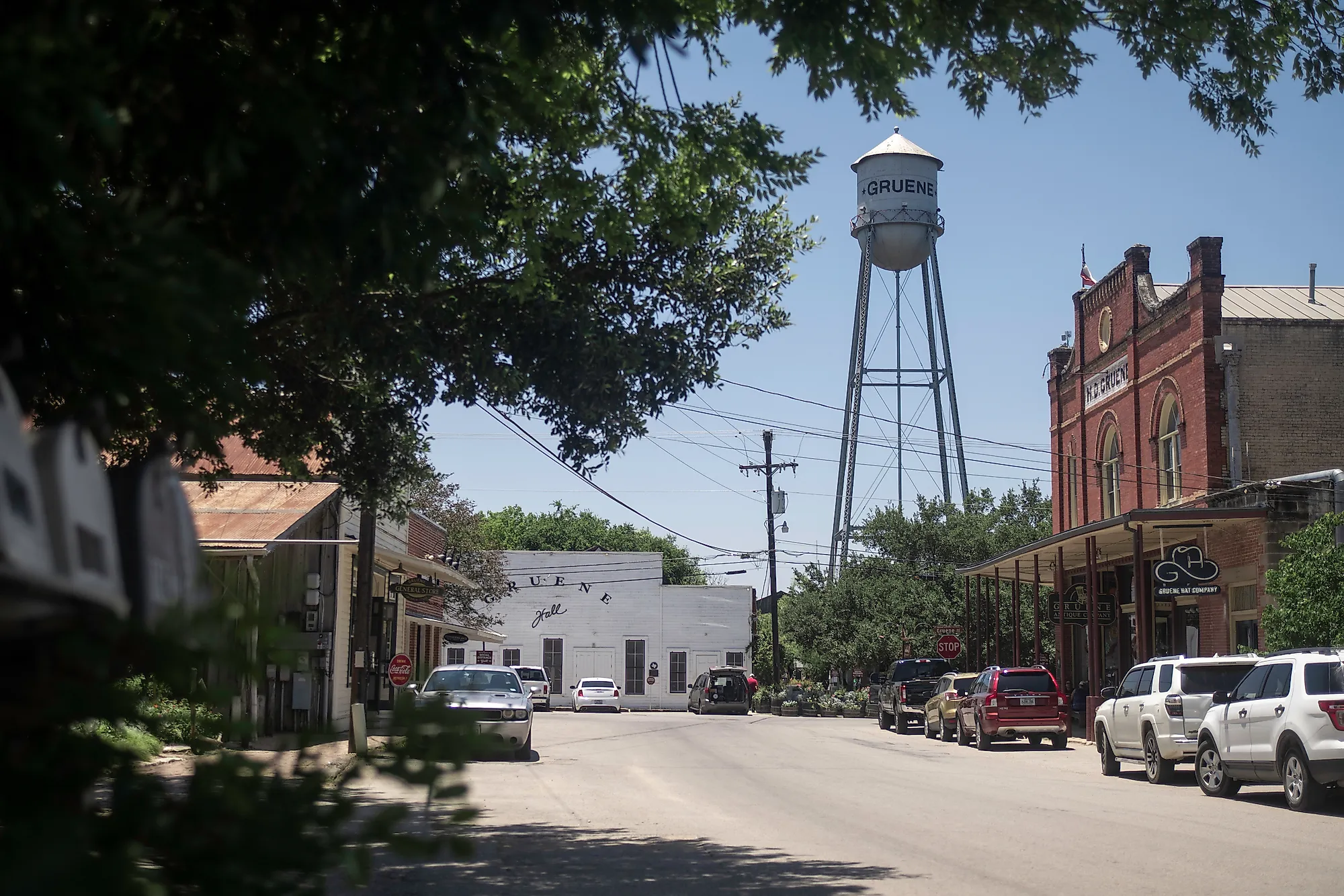 Downtown shops with water tower and dance hall in Gruene, Texas. Editorial credit: University of College / Shutterstock.com