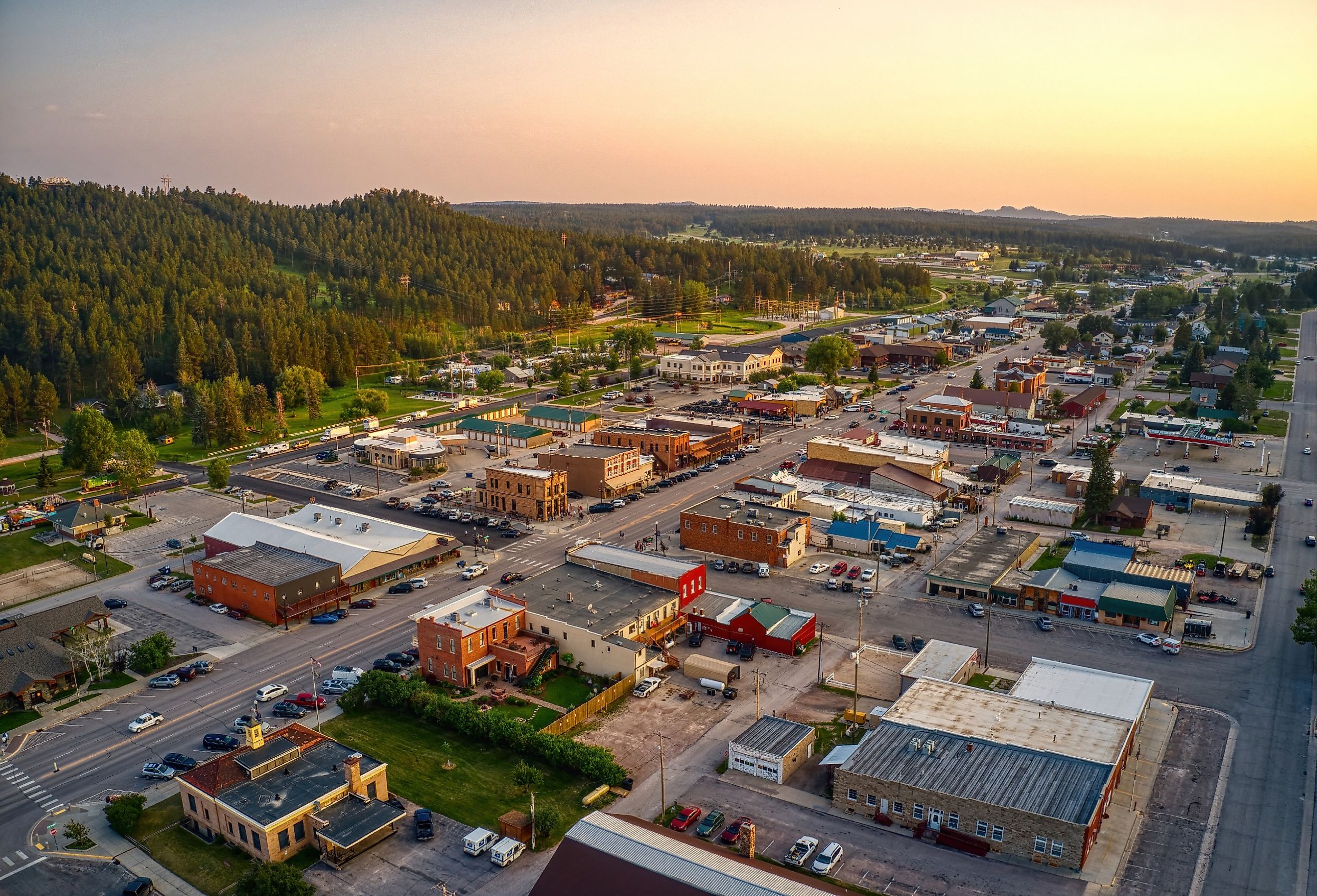 Aerial View of Custer, South Dakota at sunset.