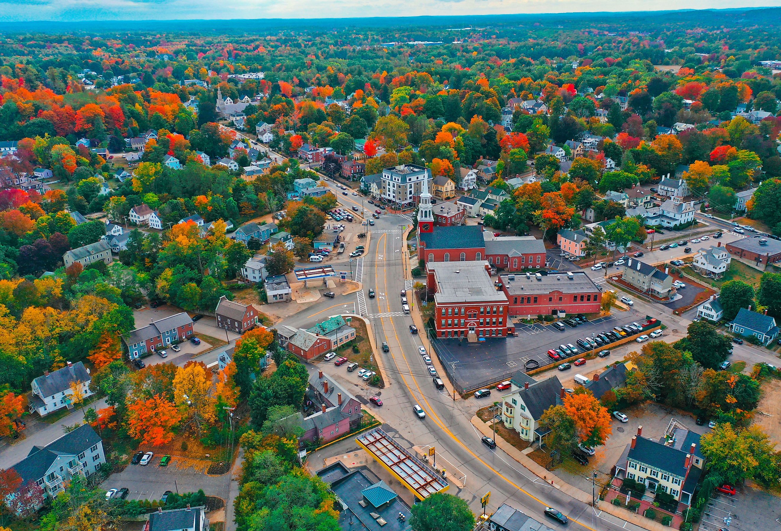 Aerial drone photography of downtown Dover, NH (New Hampshire) during the fall foliage season. Image credit Loud Canvas via Shutterstock.