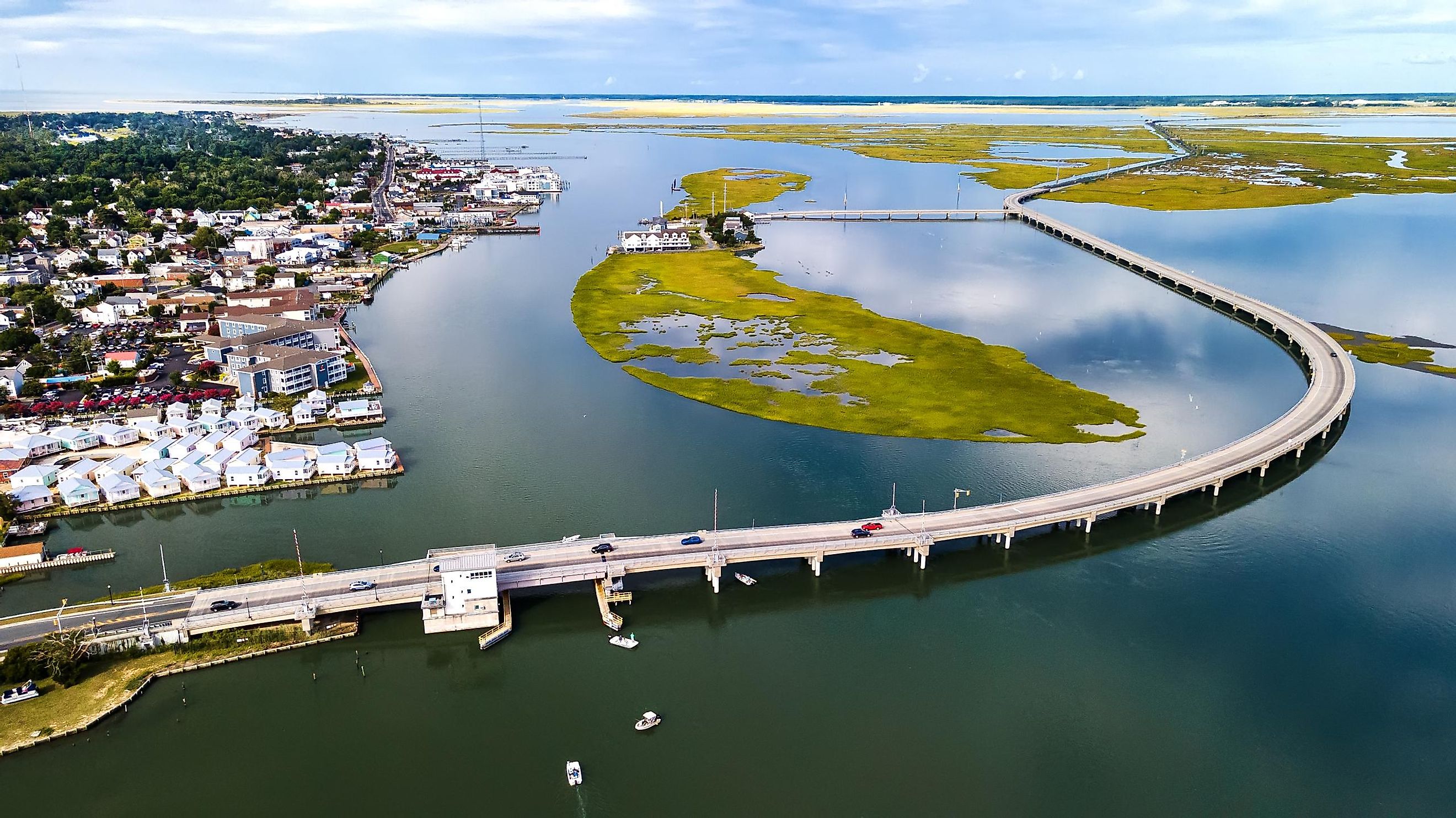 Aerial view of the Long Bridge to Chincoteague Island in Virginia. Reserve with a wide variety of birds and wild horses.