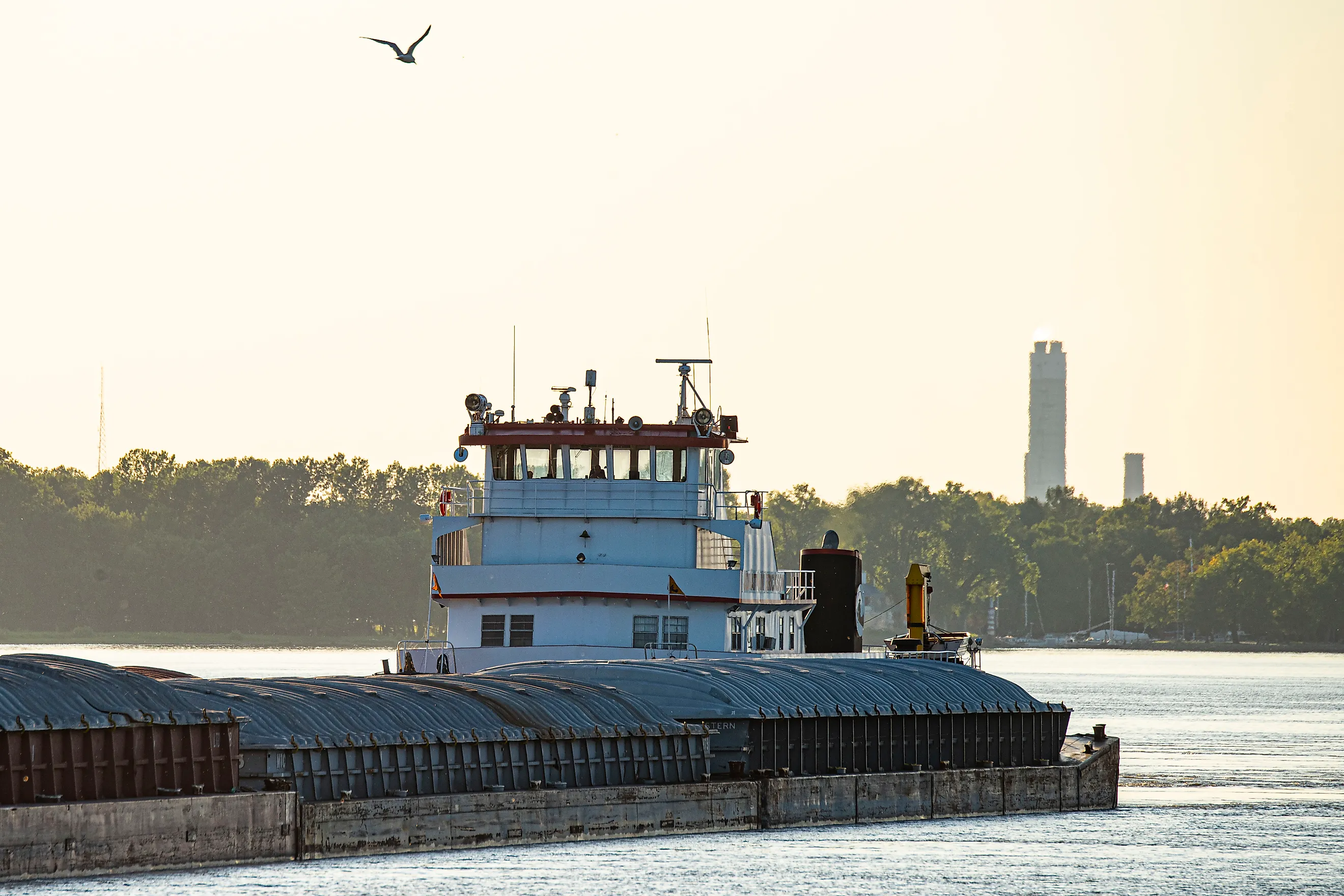 Barge traffic on the Mississippi River at the Melvin Price Locks and Dam Facility near Alton, Illinois