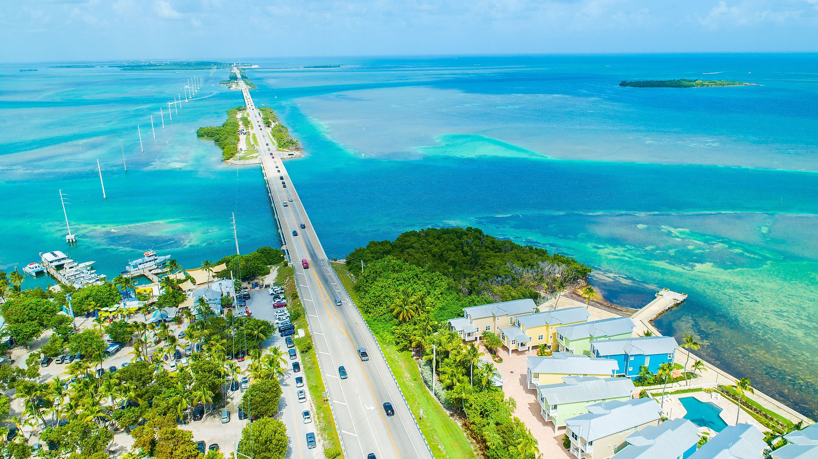 Amazing nature of Florida Keys, Marathon island, Seven Mile Bridge road. Endless way. USA.