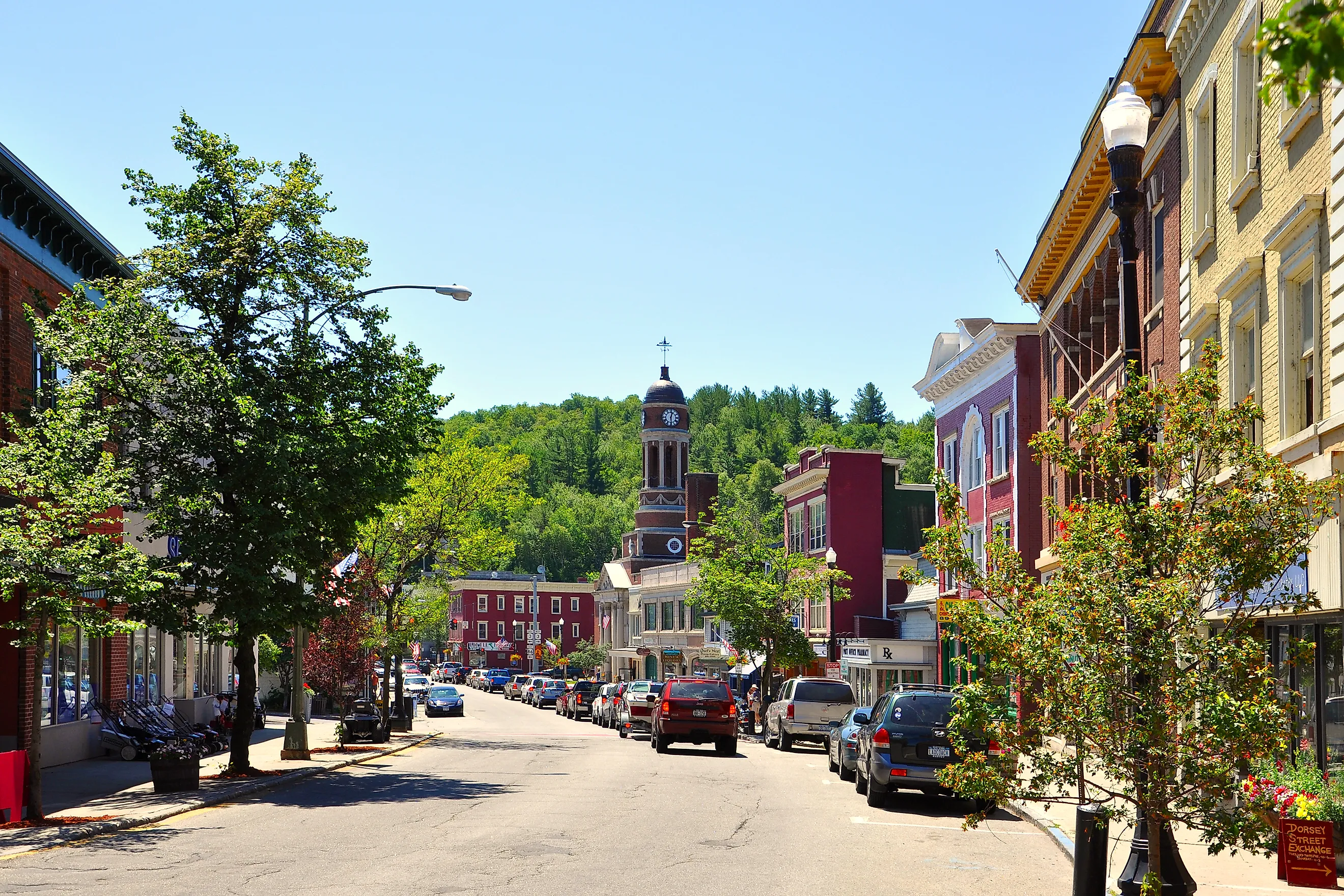 Main Street in village of Saranac Lake in Adirondack Mountains, New York, USA.
