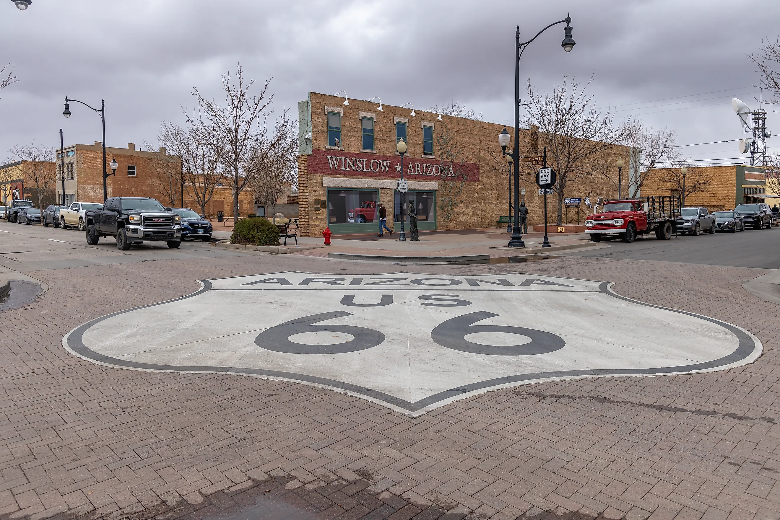 The Route 66 street sign in Winslow, Arizona, marking one stop along the 2,400 mile route. Credit: Marcus Finn Saunders/ Shutterstock.com