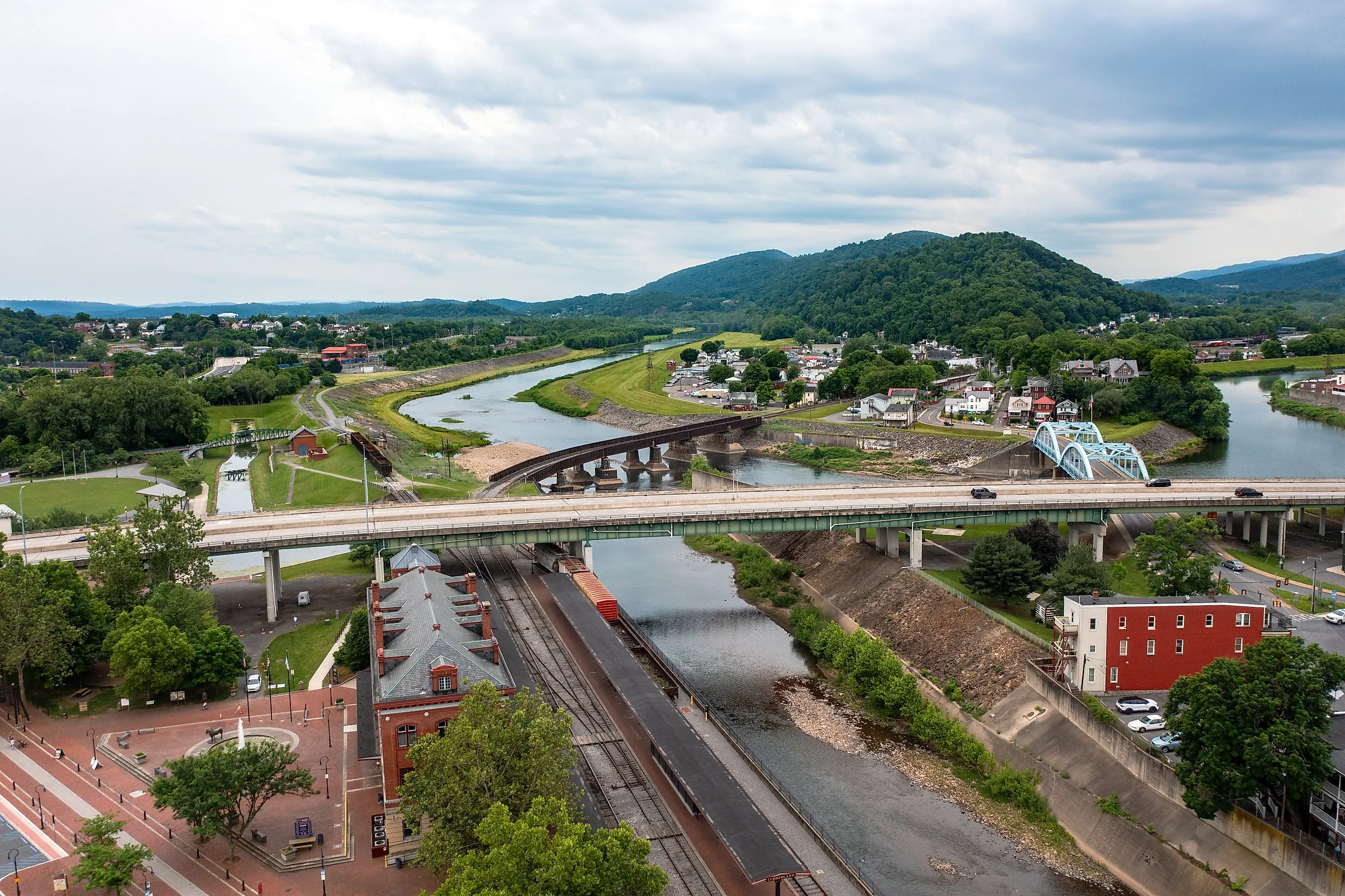 Aerial view of the Potomac River in Cumberland, Maryland.