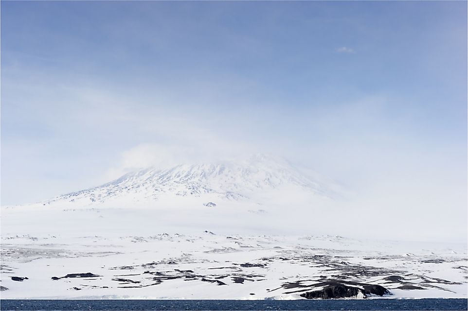 The glacier originating from Mount Erebus, Ross Island, Antarctica, eventually forms the Erebus Glacier Tongue.
