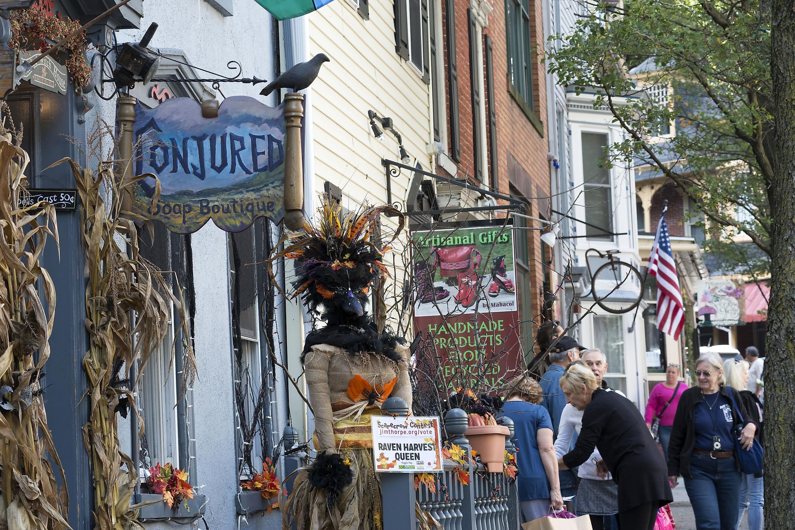 Tourists and storefronts on Broadway Street in downtown Jim Thorpe, Pennsylvania