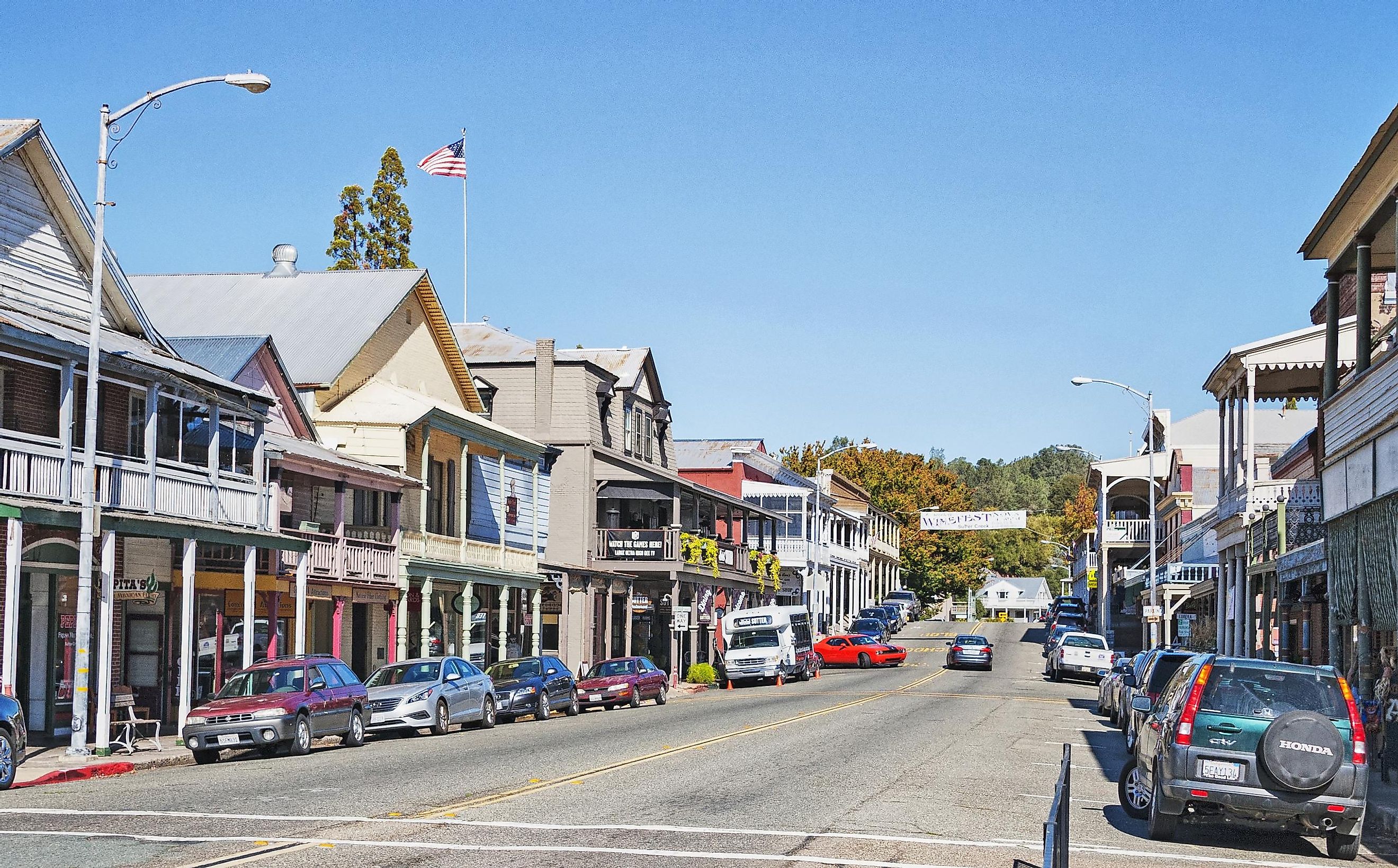 This view of Sutter Creek, California shows the many older buildings on either side of the main roadway of this Gold Rush Community