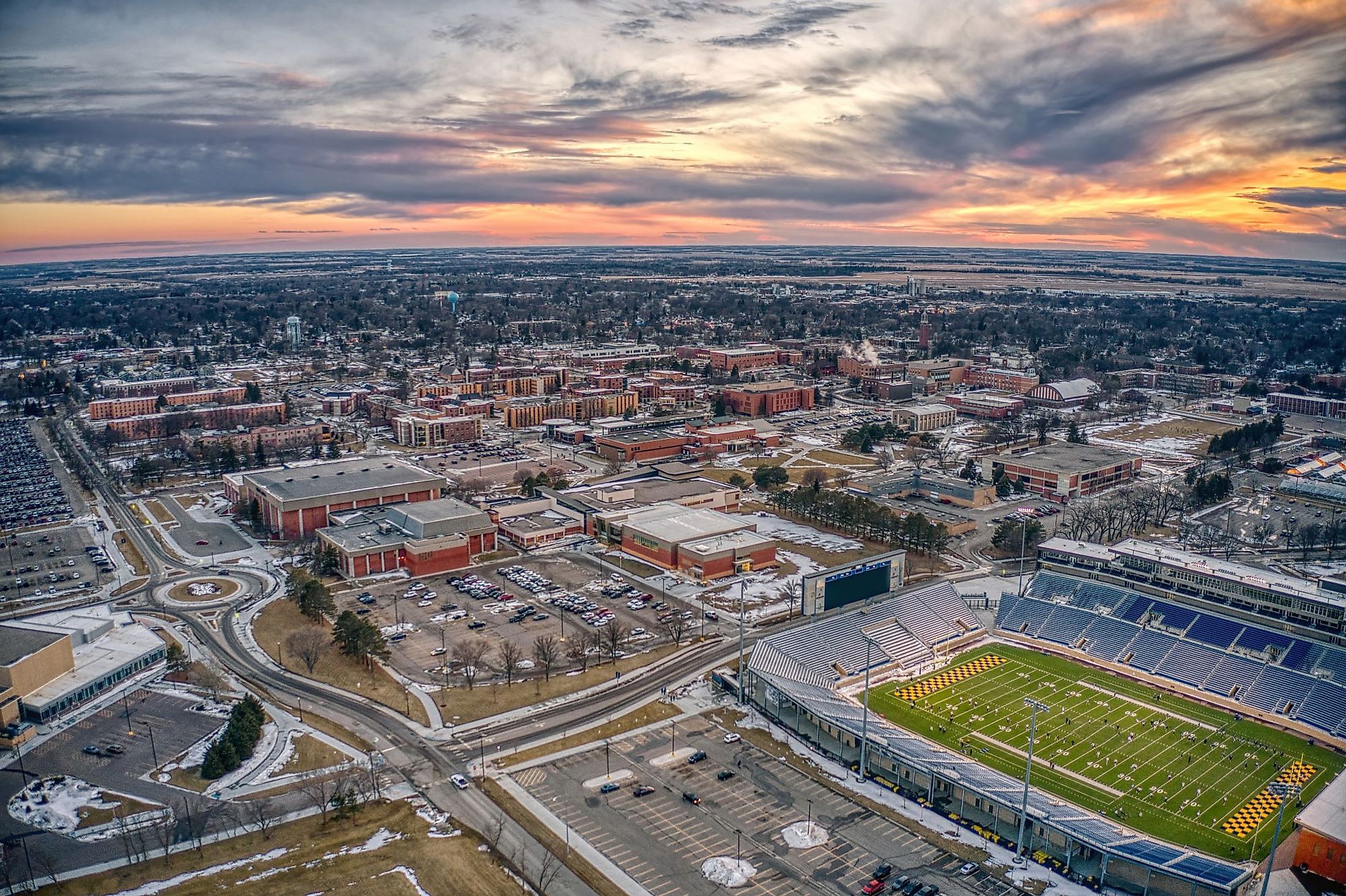 Aerial view of a large university at dusk in Brookings, South Dakota
