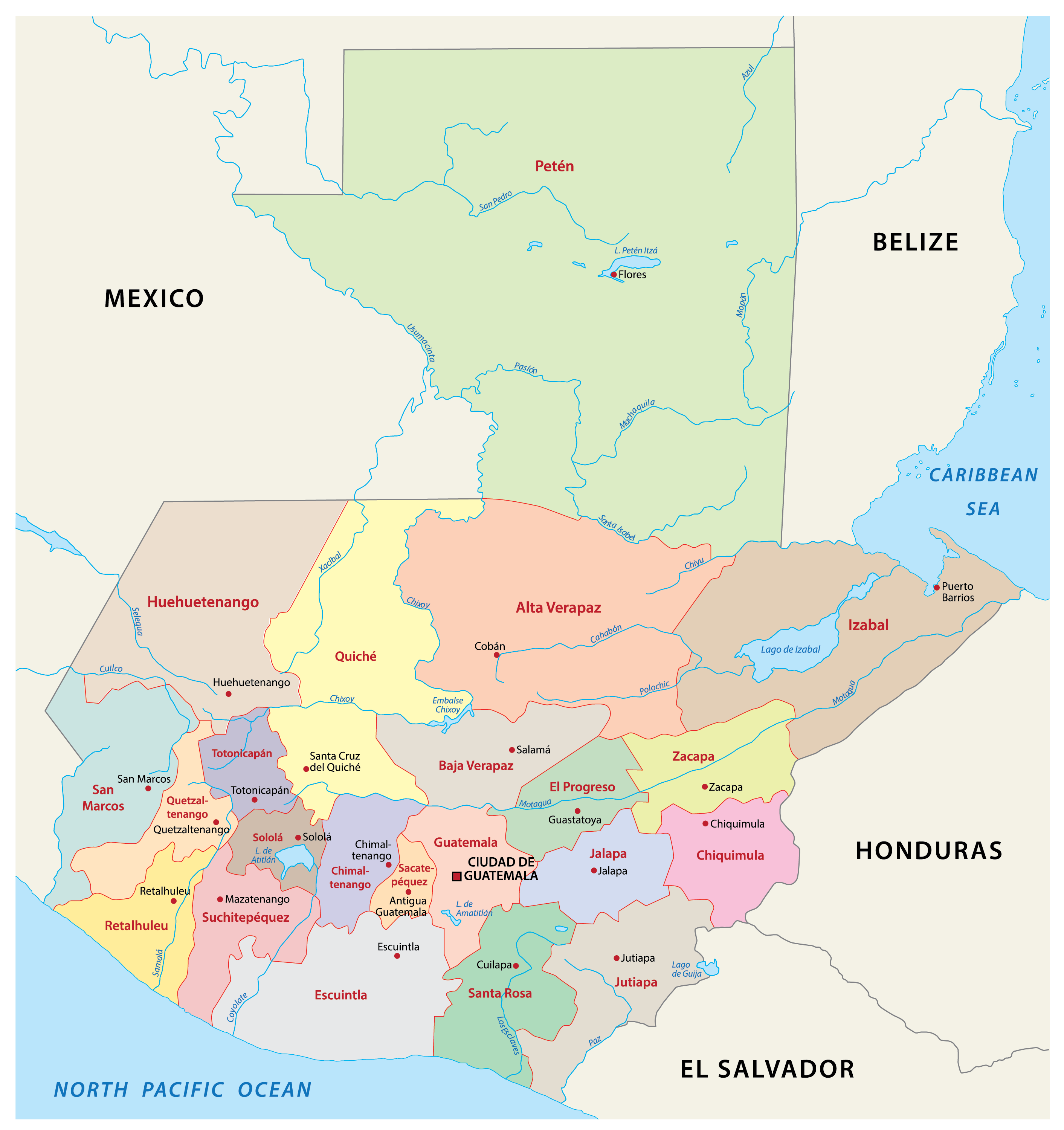 Departments of Guatemala Map.