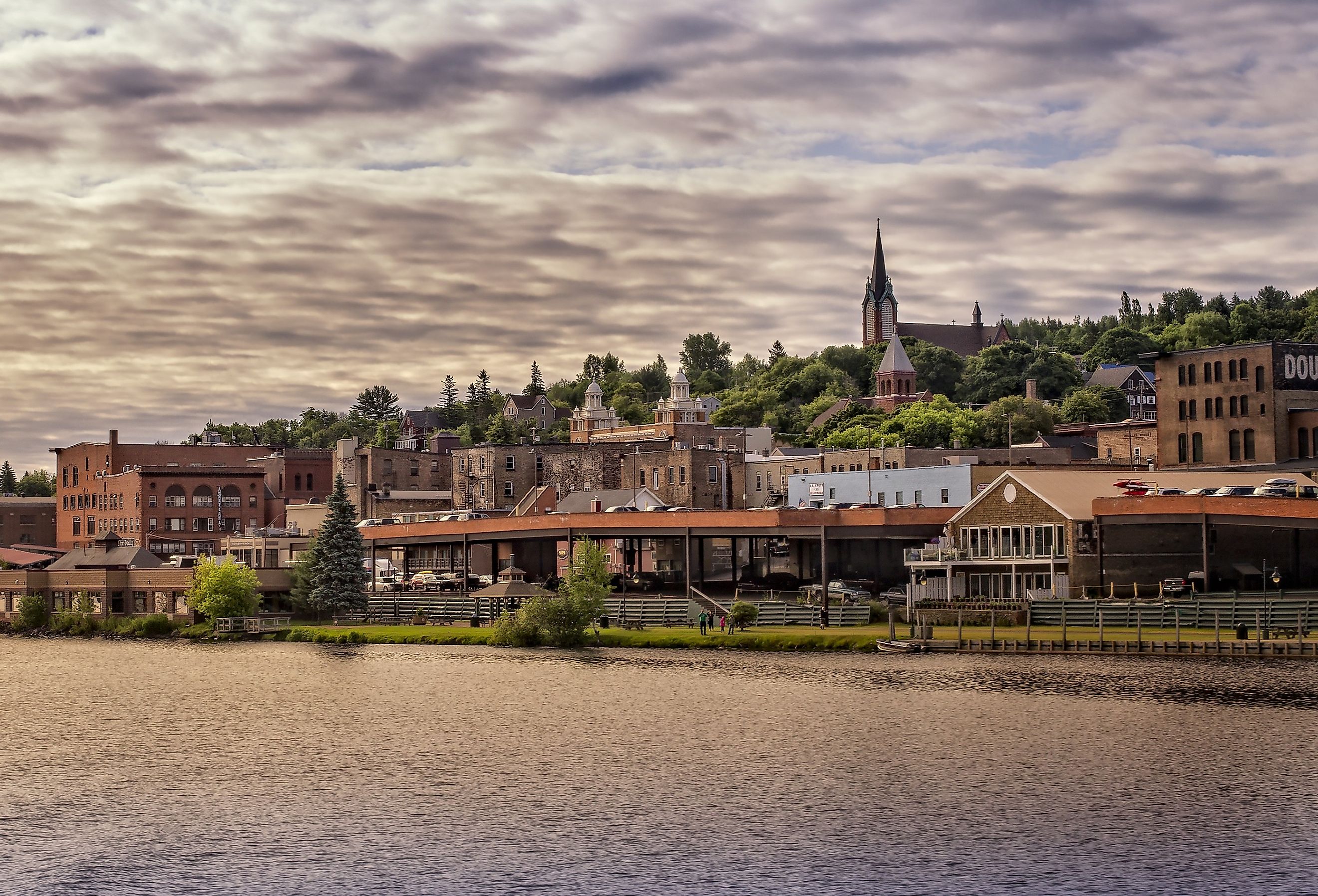 Early morning panoramic view of Houghton, Michigan, from the waterfront.