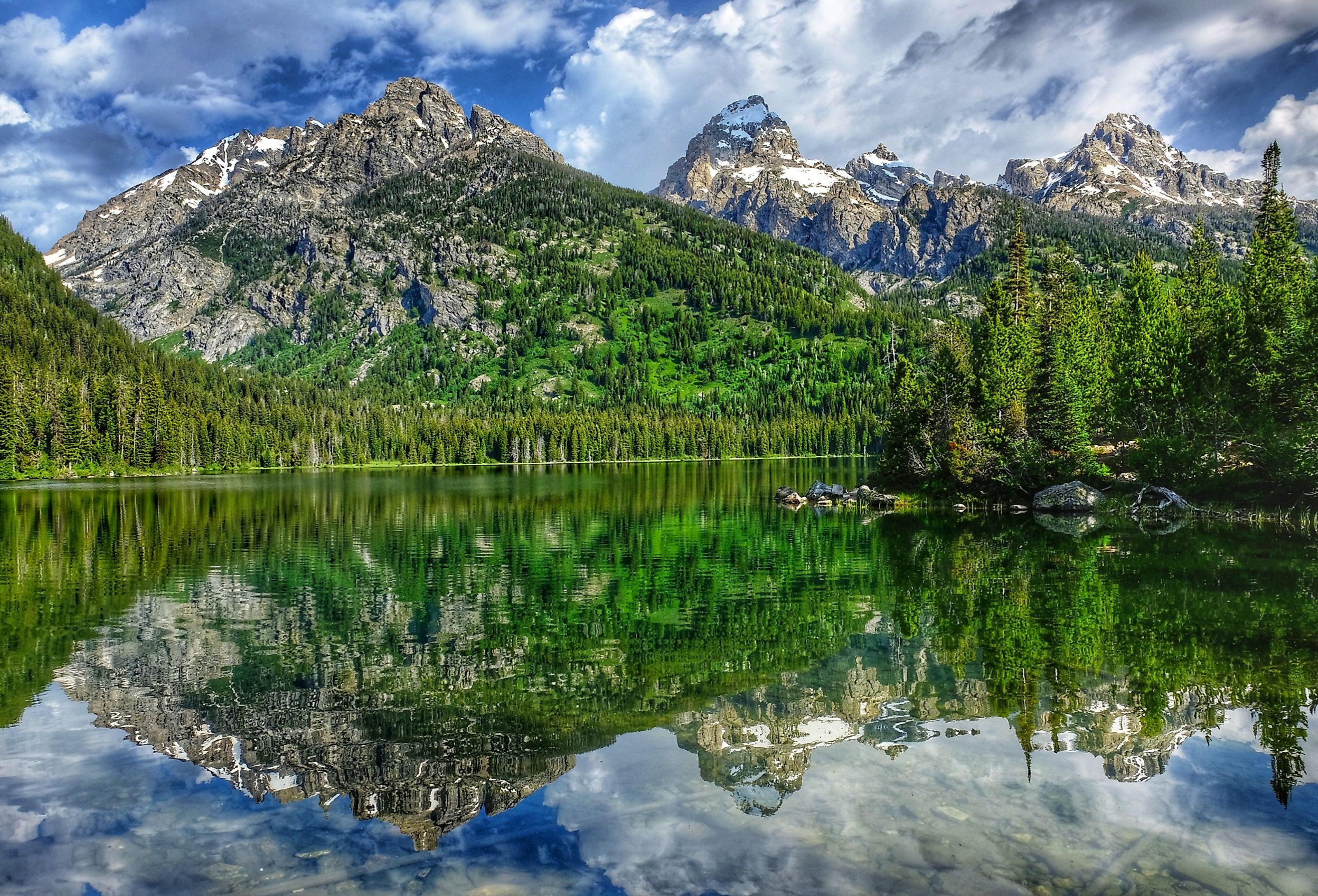 Taggart Lake with mirror reflections, Grand Teton National Park, Wyoming.