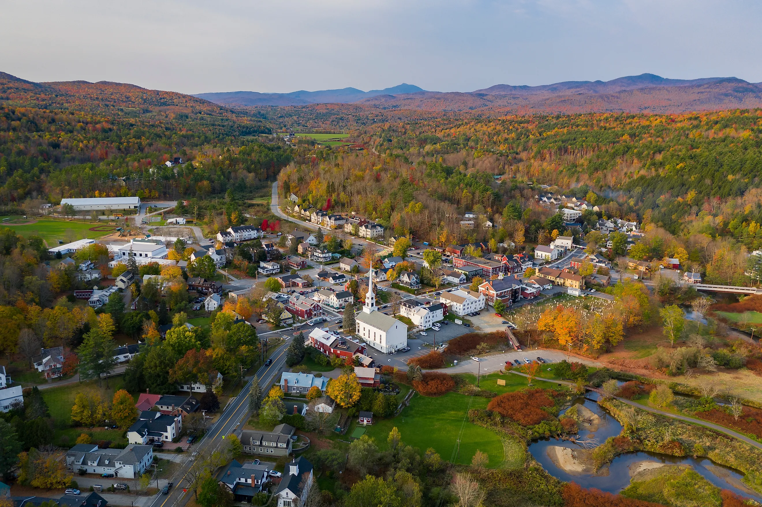Aerial view of Stowe, Vermont, in fall.