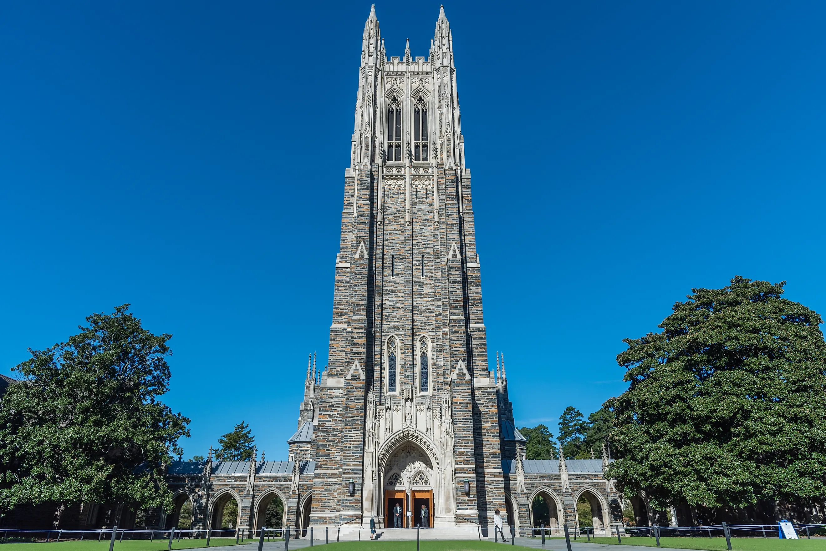 Front view of the Duke Chapel tower in early fall, Durham, North Carolina