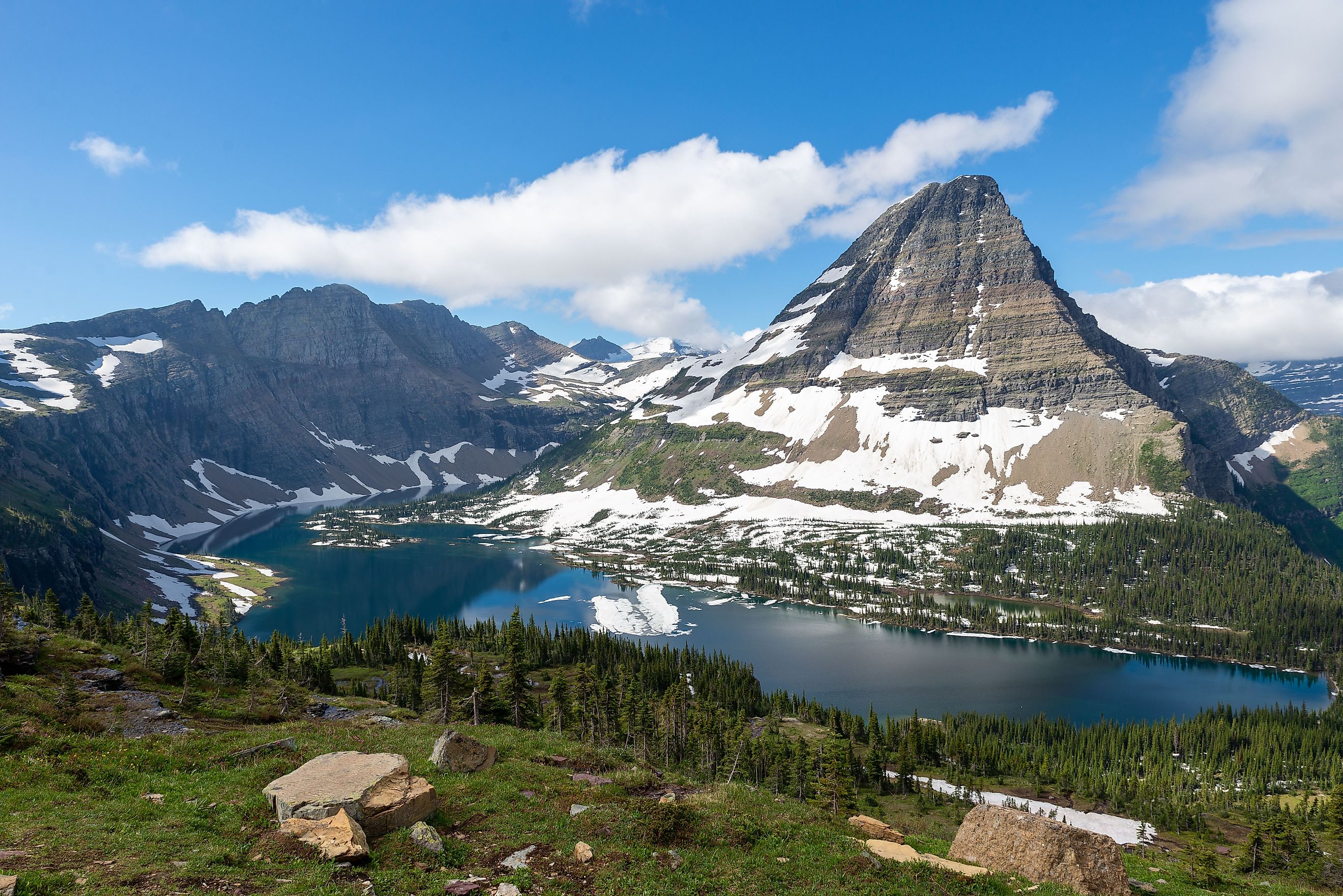 The scenic view of the lake and mountains in Glacier National Park on a sunny day