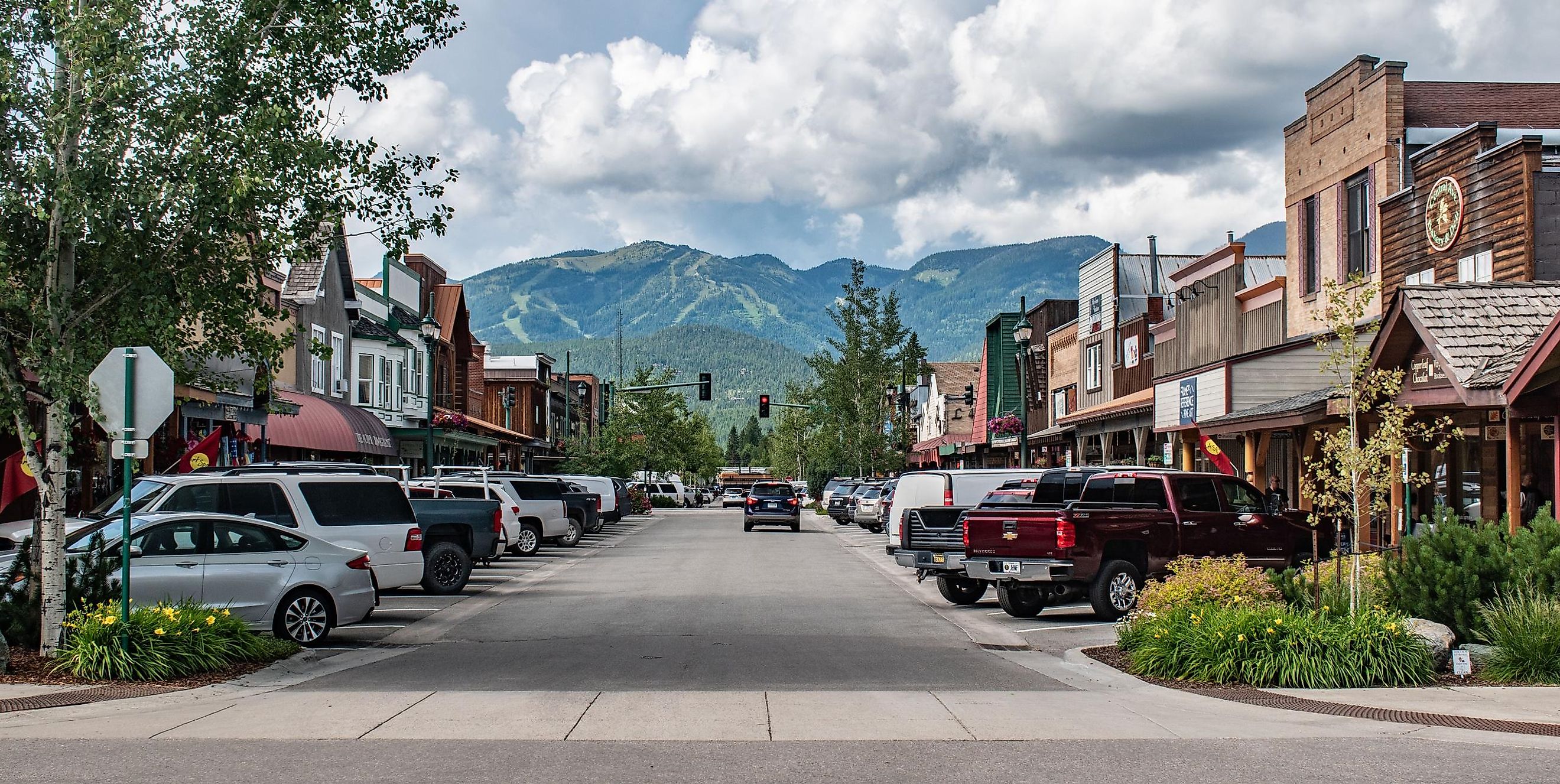 Mainstreet in Whitefish still has a smalltown feel to it. The town attracts many tourists in summer and winter. Editorial credit: Beeldtype / Shutterstock.com