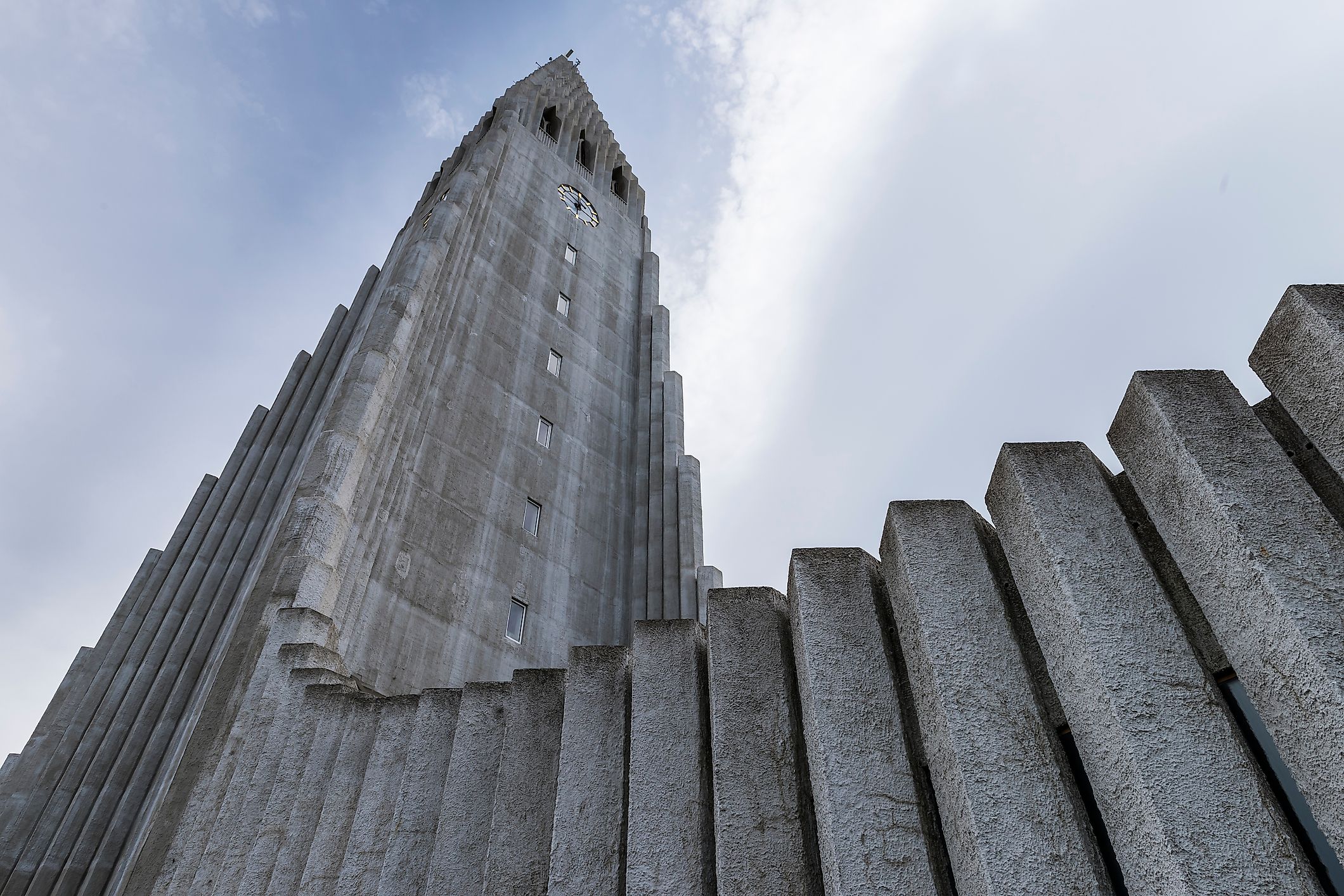 The steeple of Hallgrímskirkja Church in Reykjavik, Iceland.
