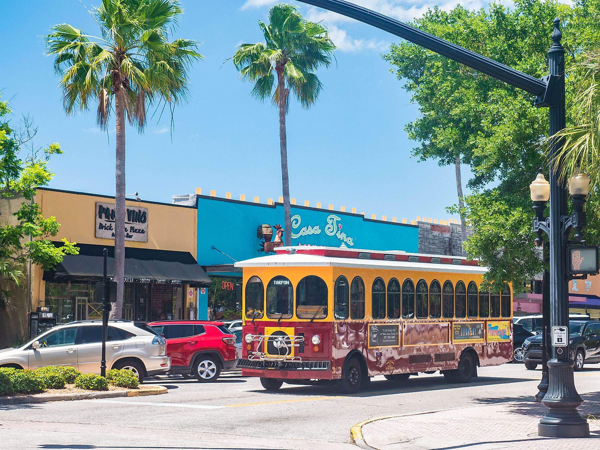 Trolley driving through Main Street in Dunedin, Florida. Editorial credit: Garrett Brown / Shutterstock.com