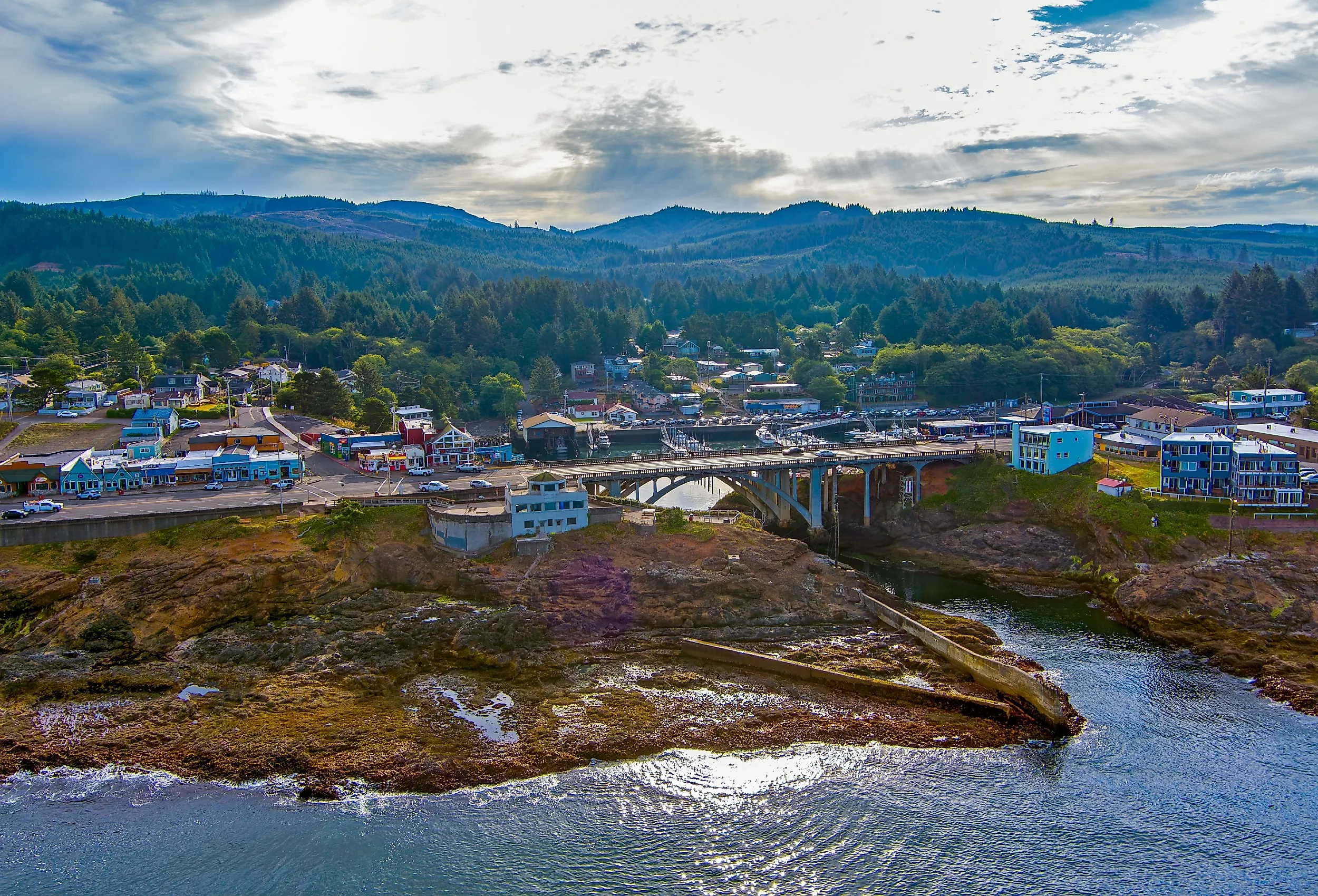 Aerial view of the Depoe Bay, Oregon downtown. Image credit Gchapel via Shutterstock.com