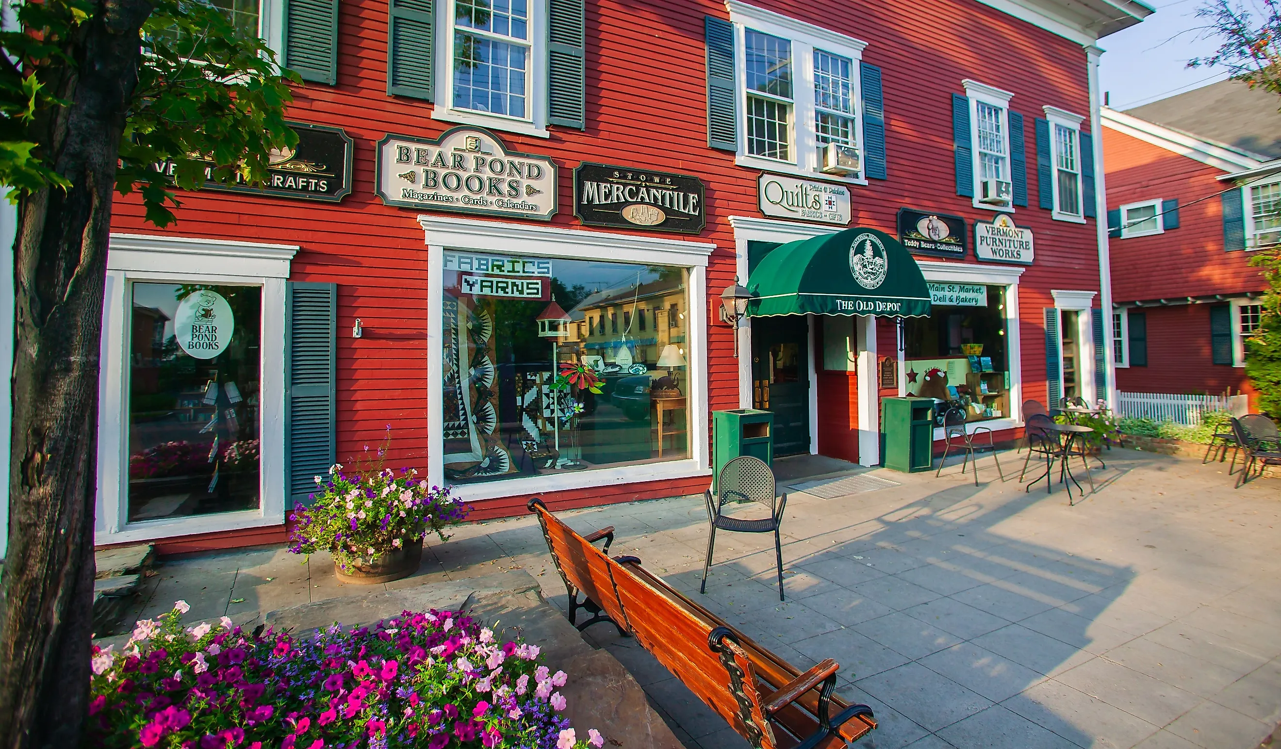 Late afternoon rural village stores scene in Stowe. Editorial credit: Don Landwehrle / Shutterstock.com