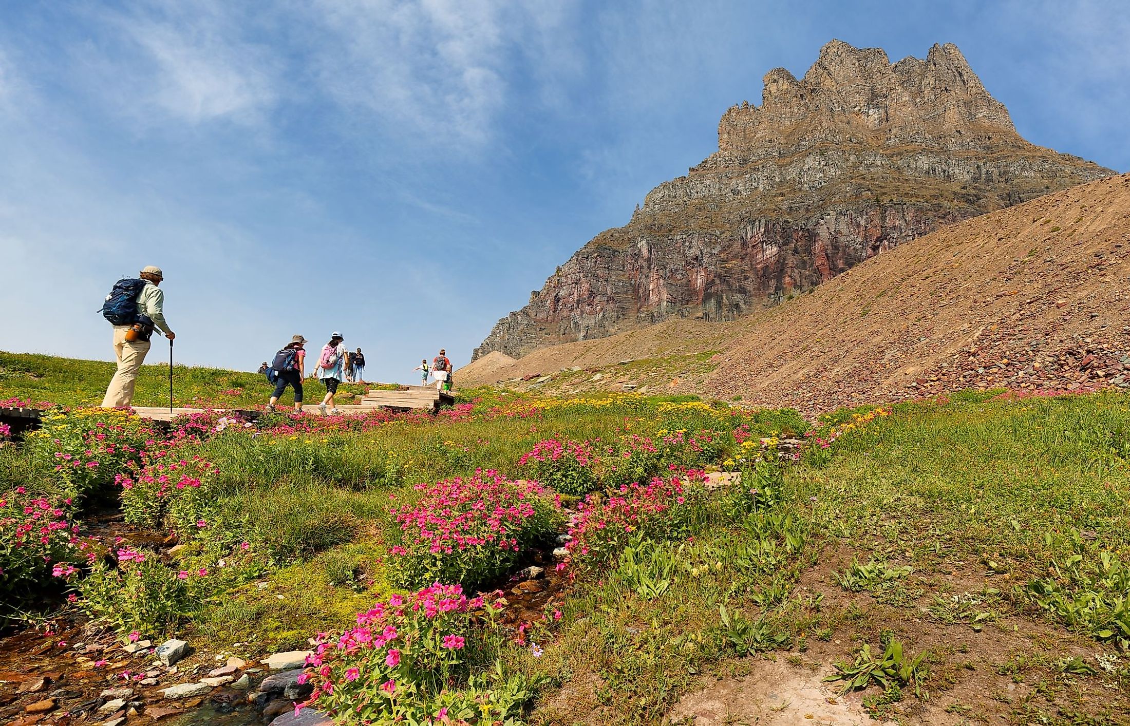 Overview of Logan Pass with tourist walking in Glacier National Park, Montana. Editorial credit: Jay Yuan / Shutterstock.com