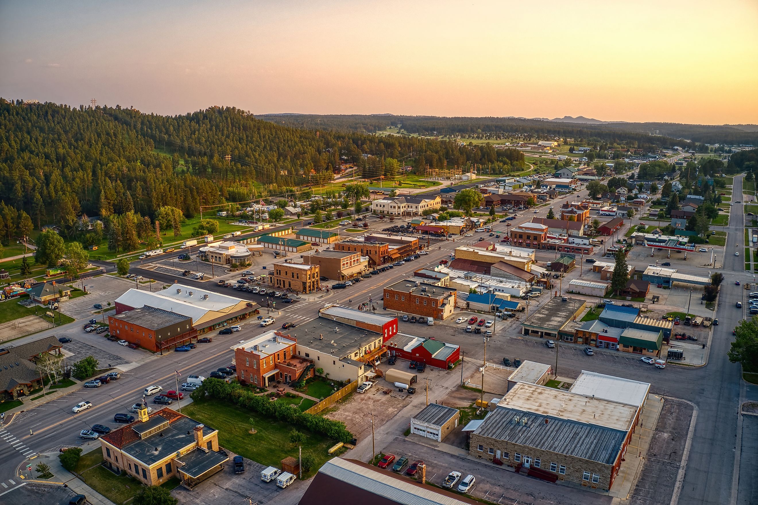 Aerial view of Custer, South Dakota, at sunset.