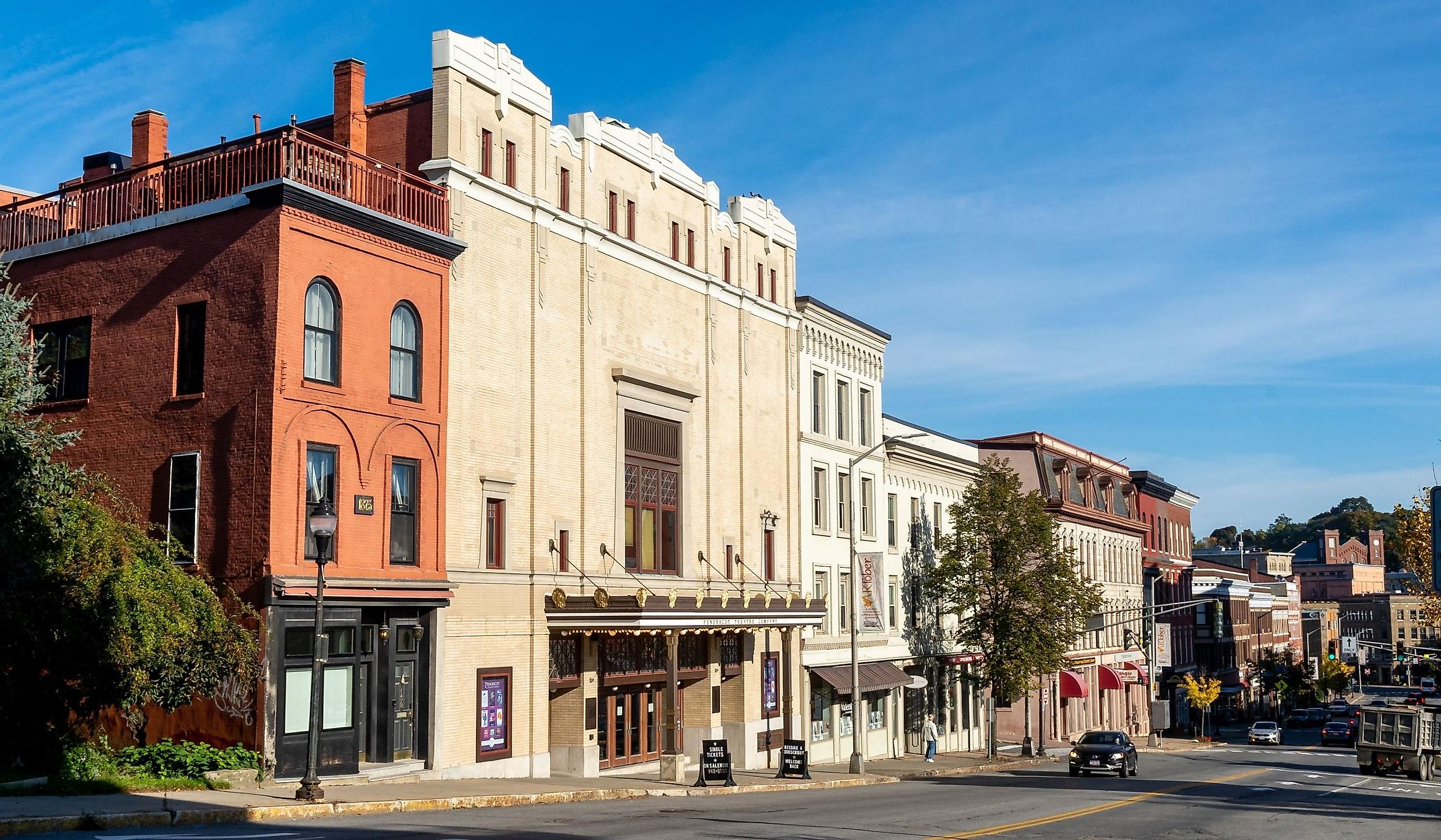 Three quarter view of the Penobscot Theatre Company on Main Street. Built in 1920 and is an early example of Art Deco and Egyptian Revival architecture in Bangor, Maine. Editorial credit: Brian Logan Photography / Shutterstock.com
