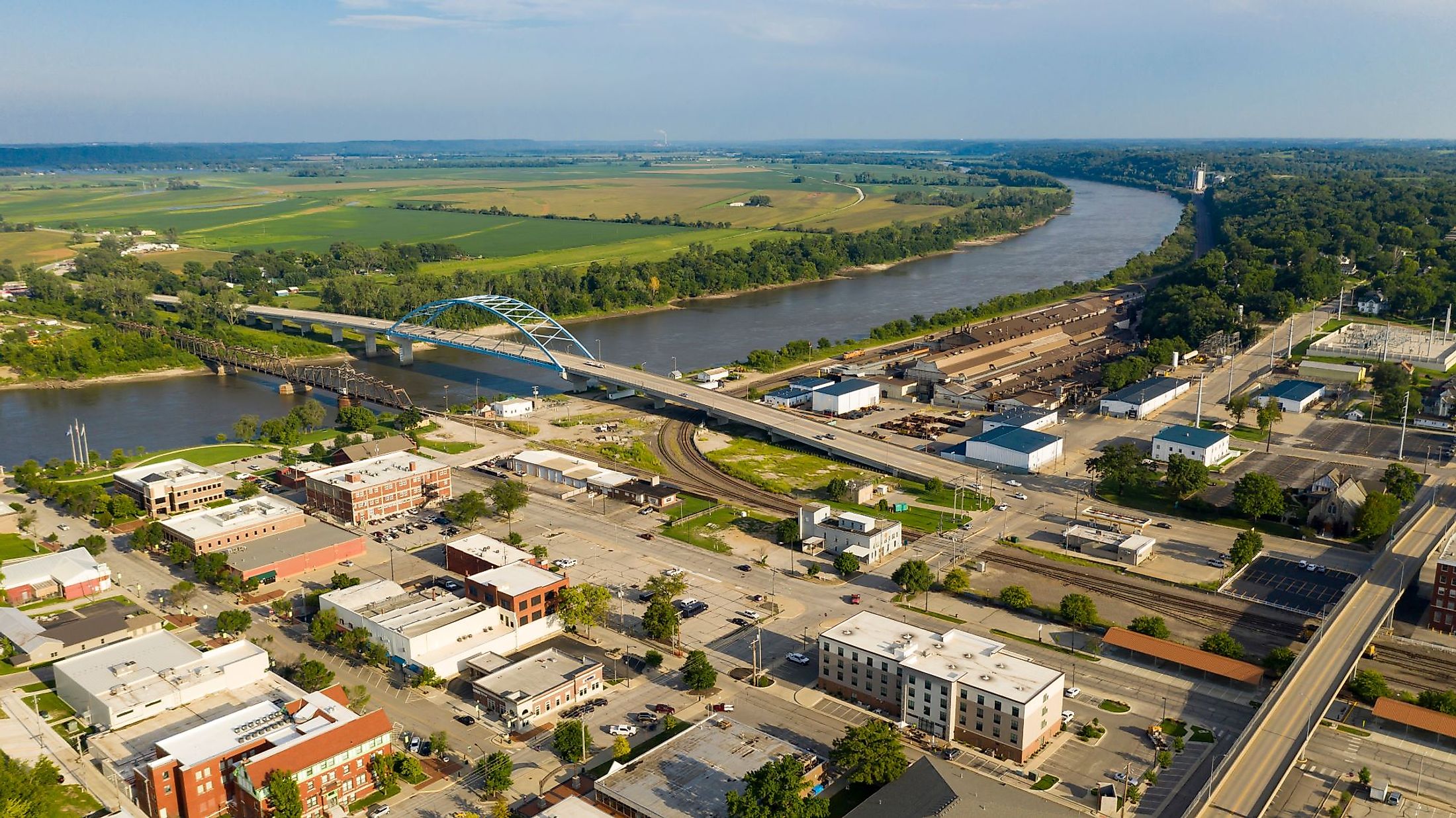 Aerial view over the downtown city center of Atchison, Kansas in the mid-morning light. 