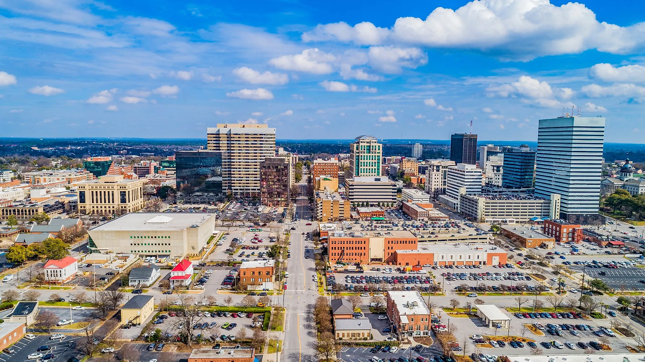 Drone aerial view of downtown Columbia, South Carolina.