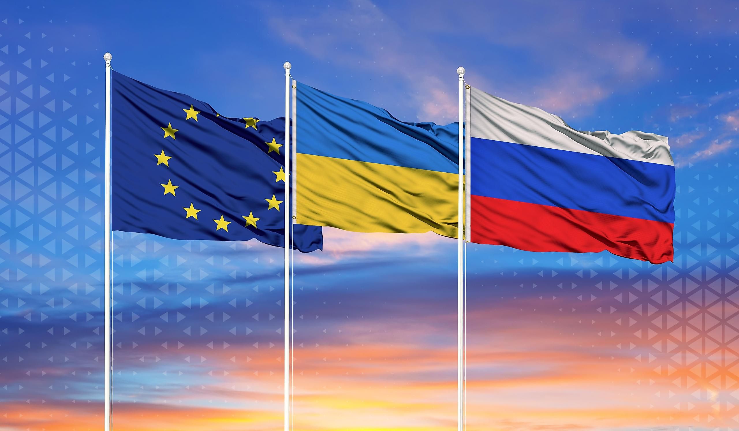 Flags of Ukraine, Russia and the European Union.