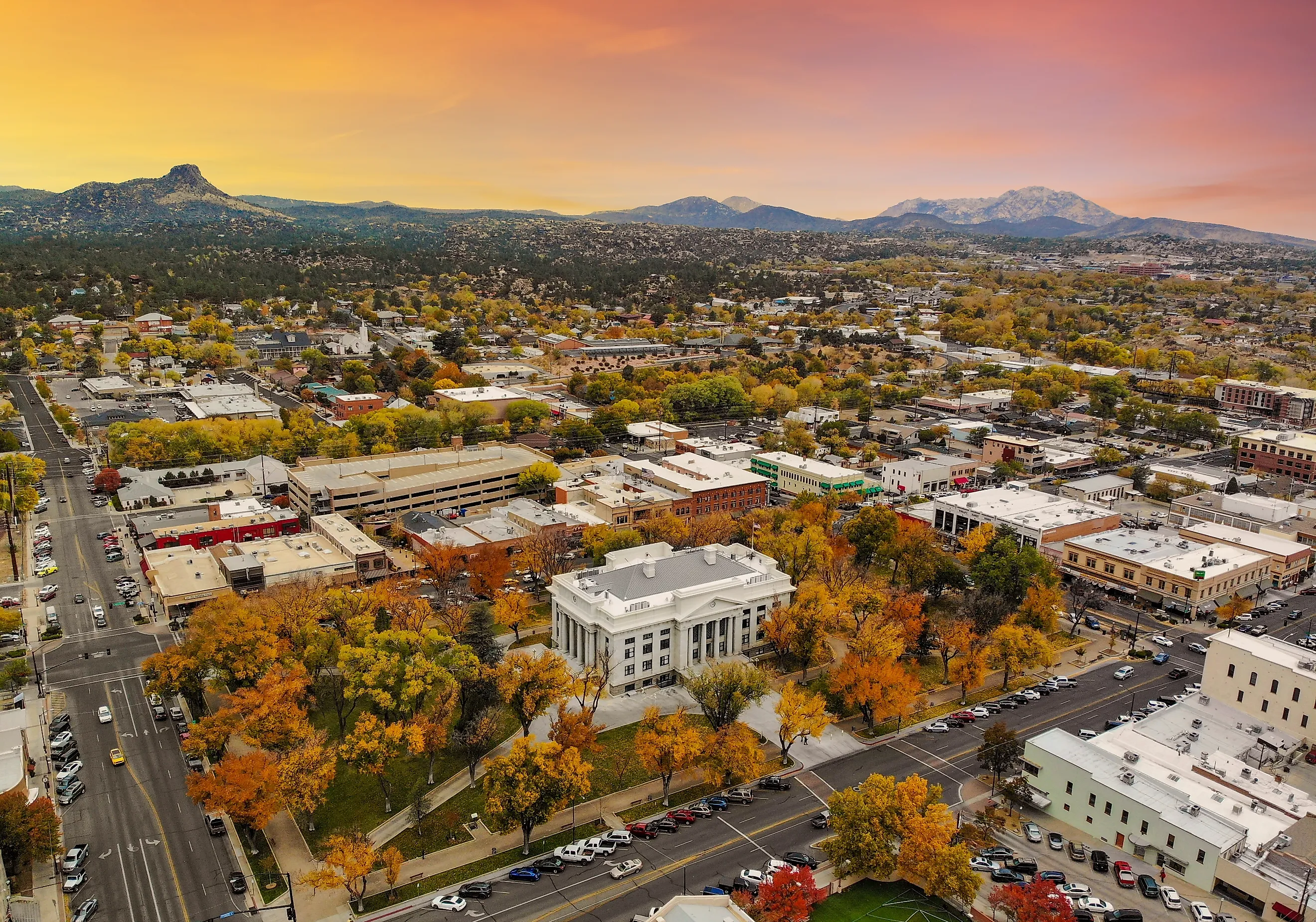 Aerial view of the Prescott Square in Prescott, Arizona, in fall.