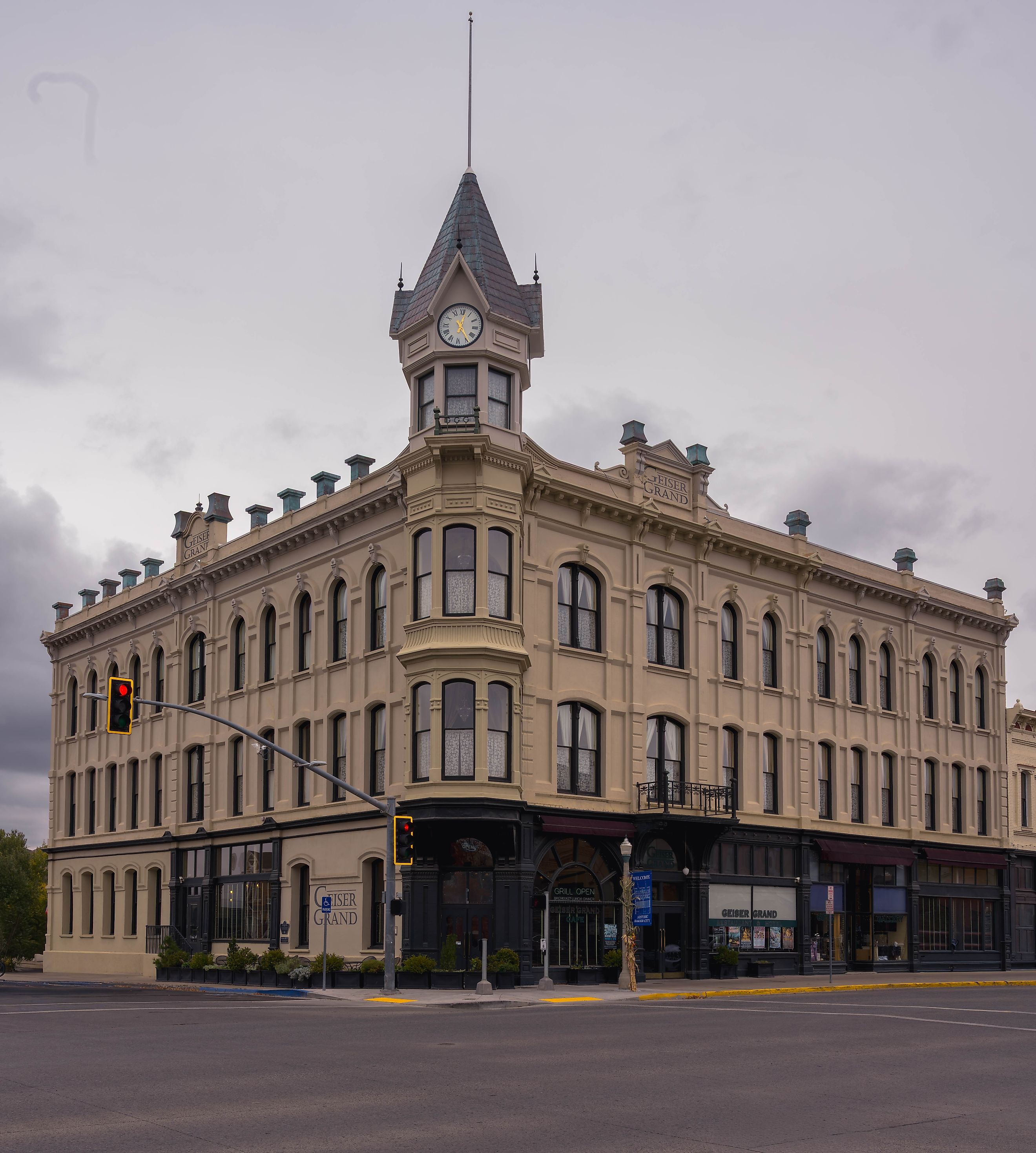 Exterior view of the historic Geiser Grand Hotel in downtown Baker City. The landmark building features ornate late 19th-century architecture. Editorial credit: MatFr / Shutterstock.com