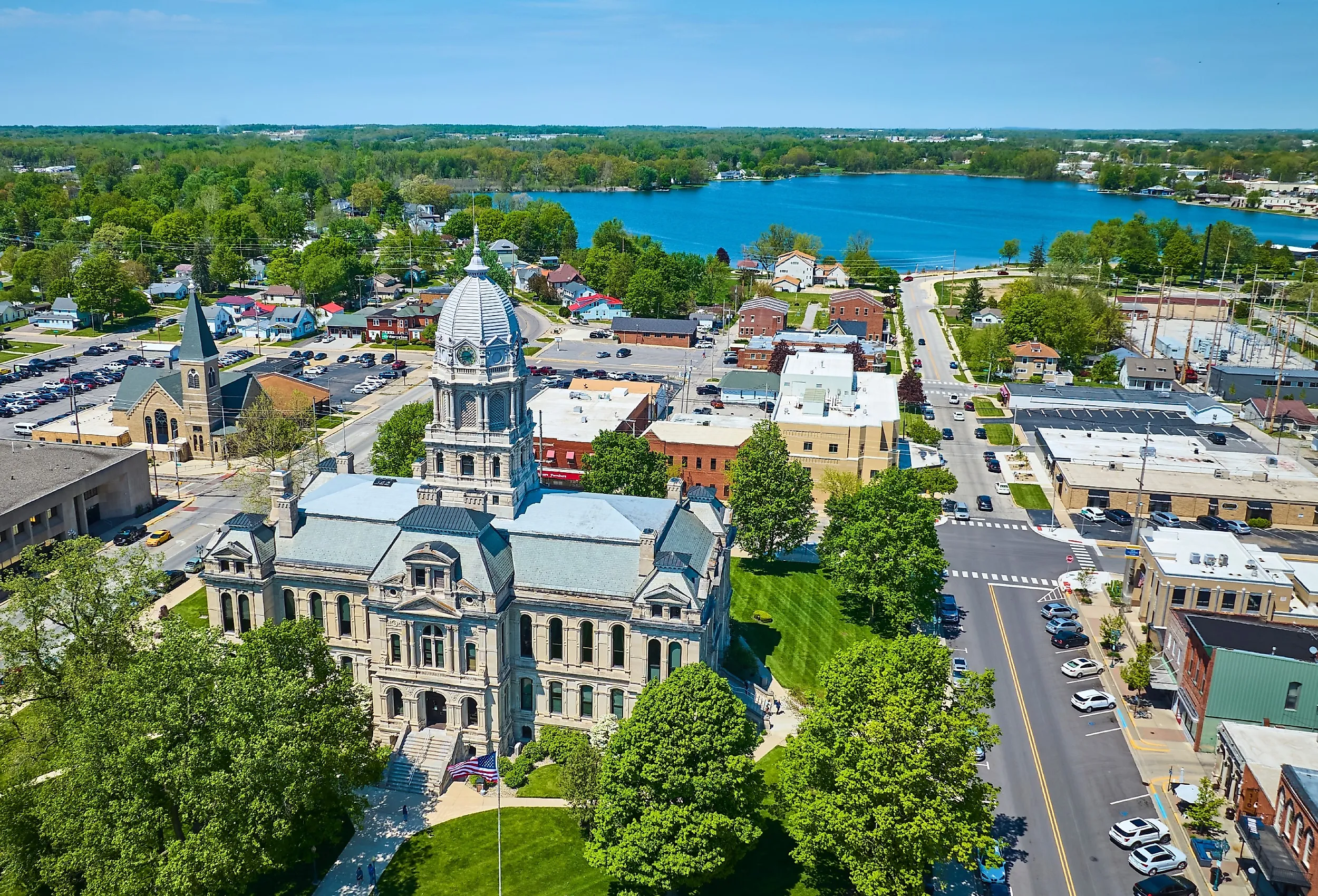 Aerial view of Historic Courthouse and Town by Lake, Warsaw, Indiana.